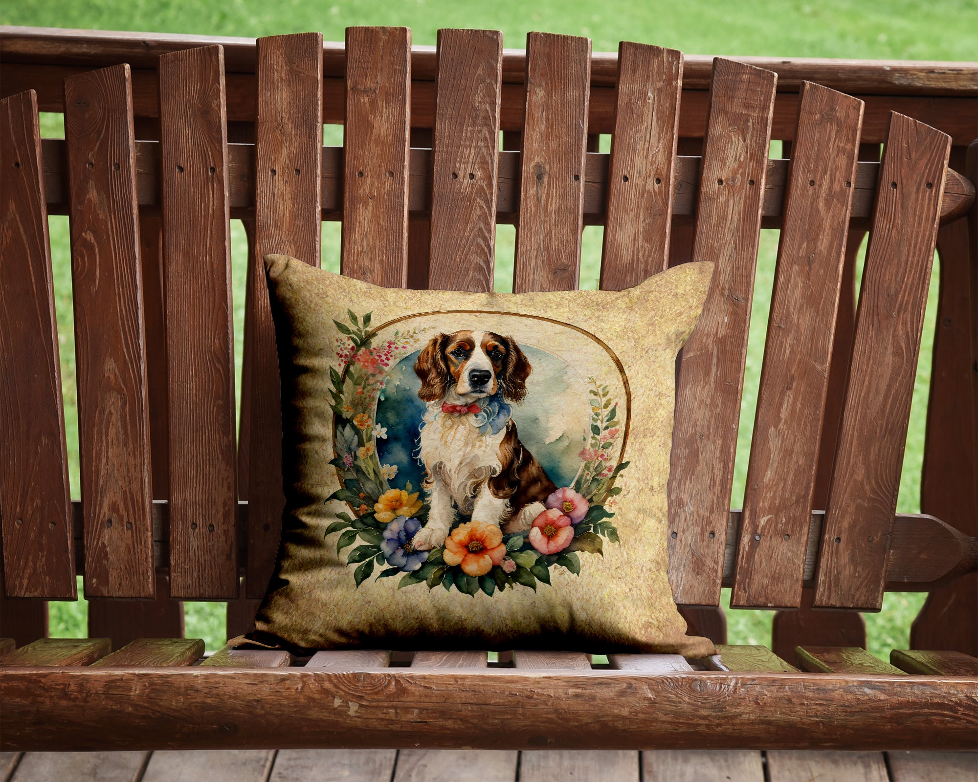 Welsh Springer Spaniel and Flowers Fabric Decorative Pillow  the-store.com.