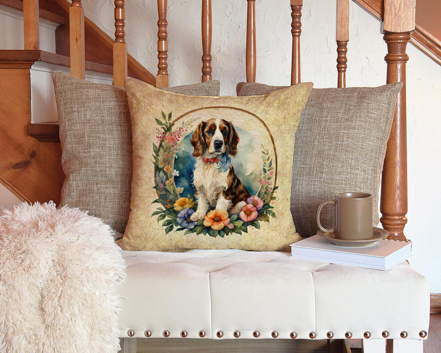 Welsh Springer Spaniel and Flowers Fabric Decorative Pillow  the-store.com.