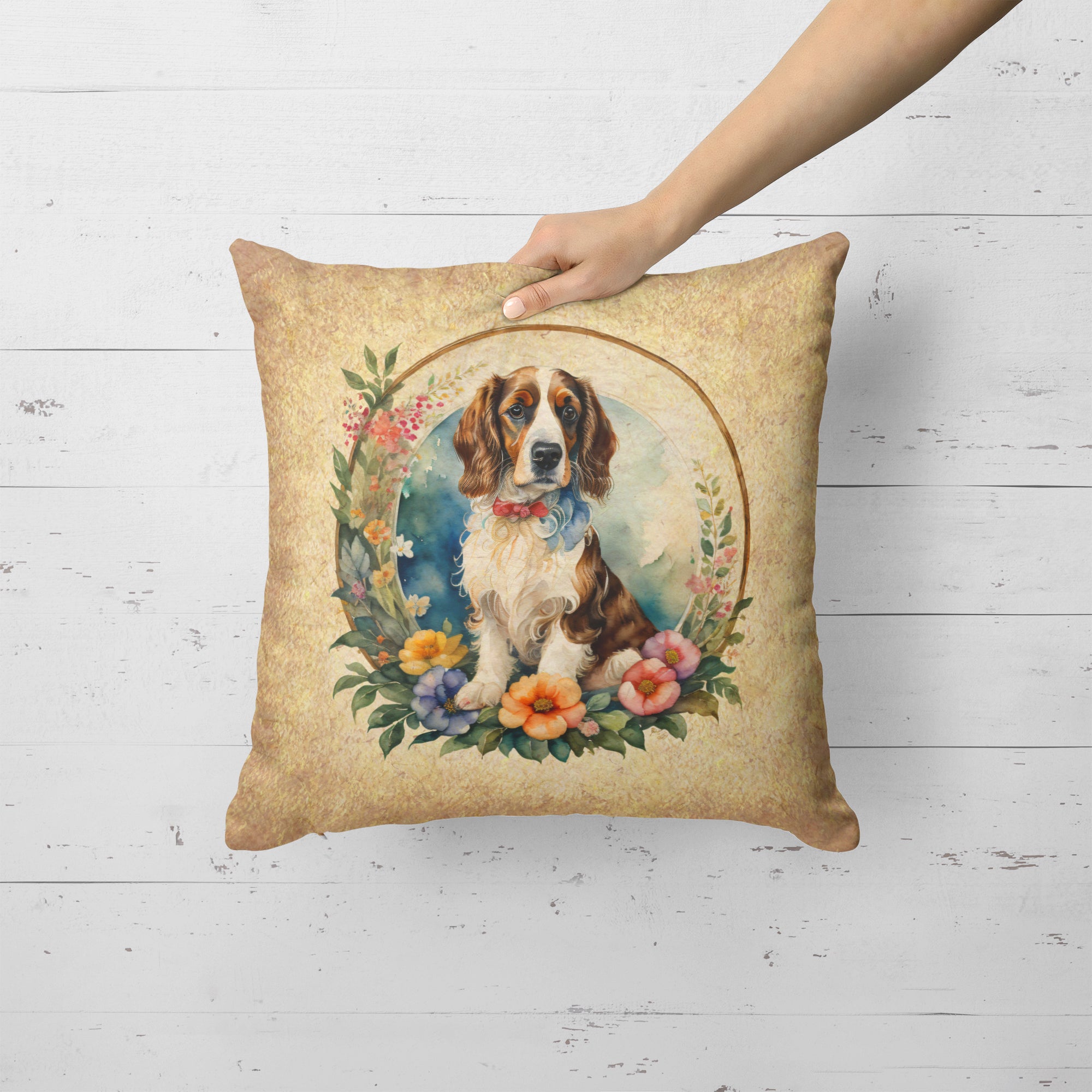 Welsh Springer Spaniel and Flowers Fabric Decorative Pillow  the-store.com.