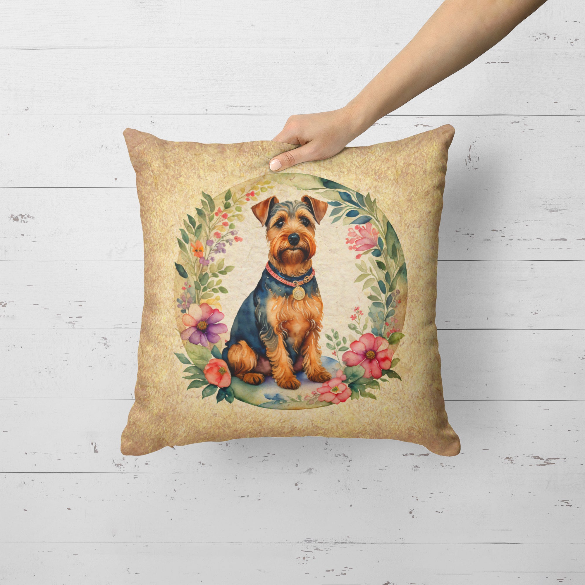 Welsh Terrier and Flowers Fabric Decorative Pillow  the-store.com.