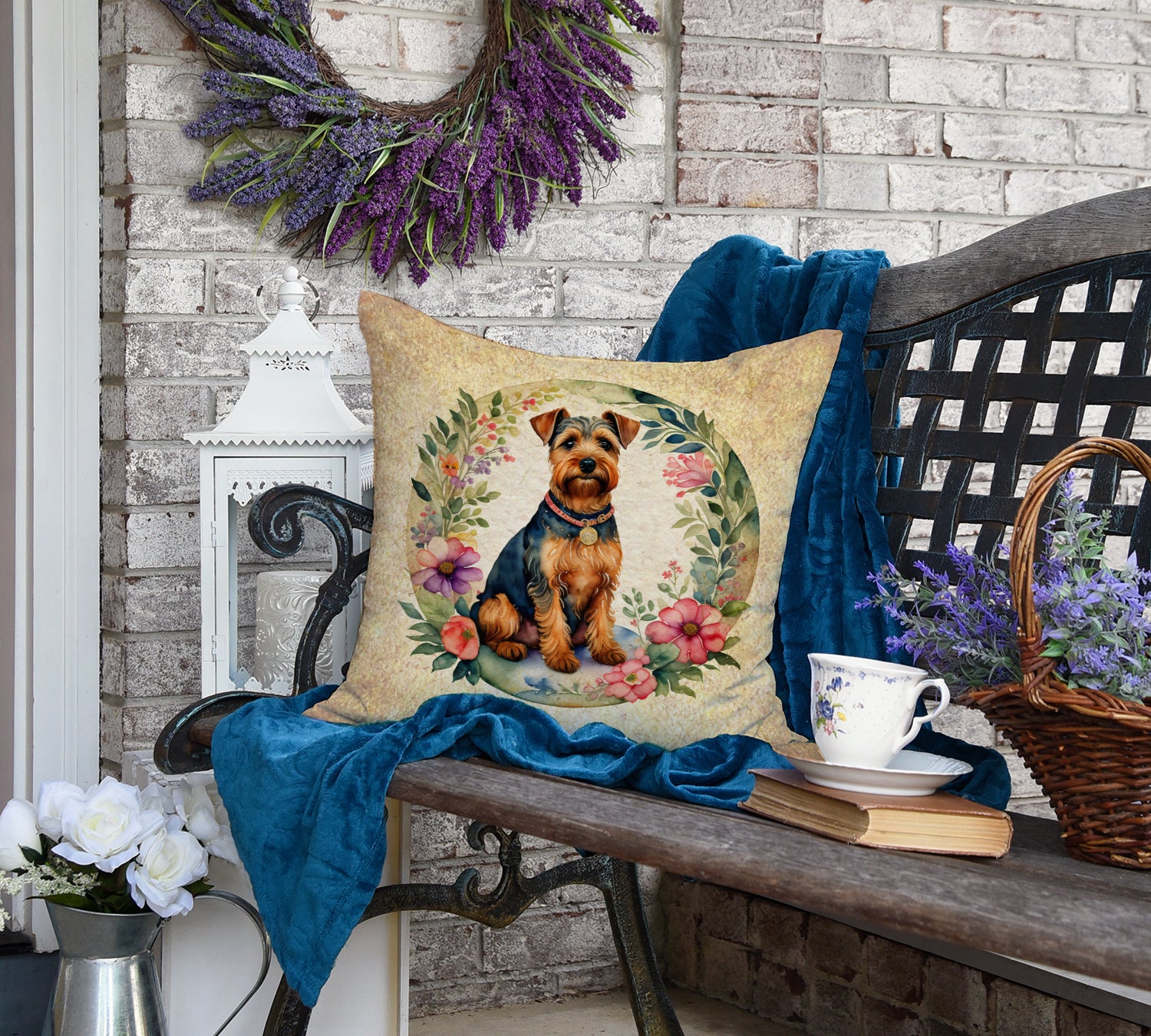 Welsh Terrier and Flowers Fabric Decorative Pillow  the-store.com.