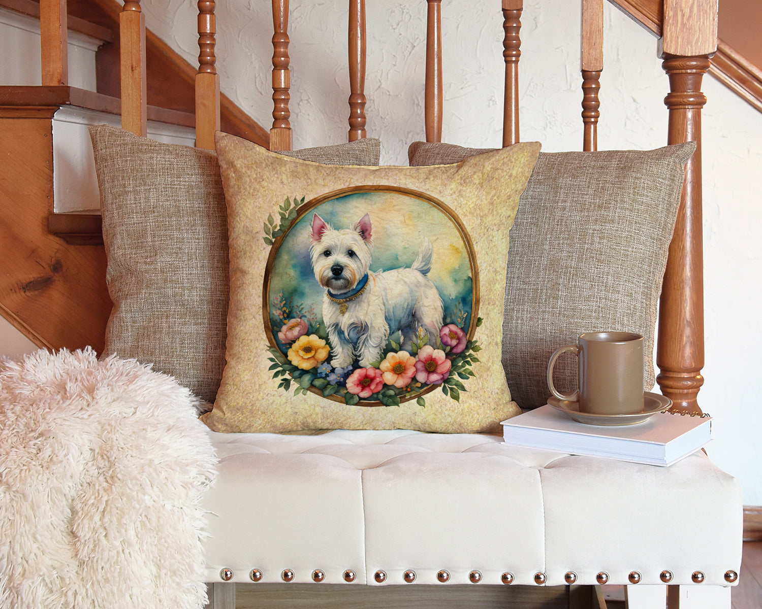 Westie and Flowers Fabric Decorative Pillow  the-store.com.