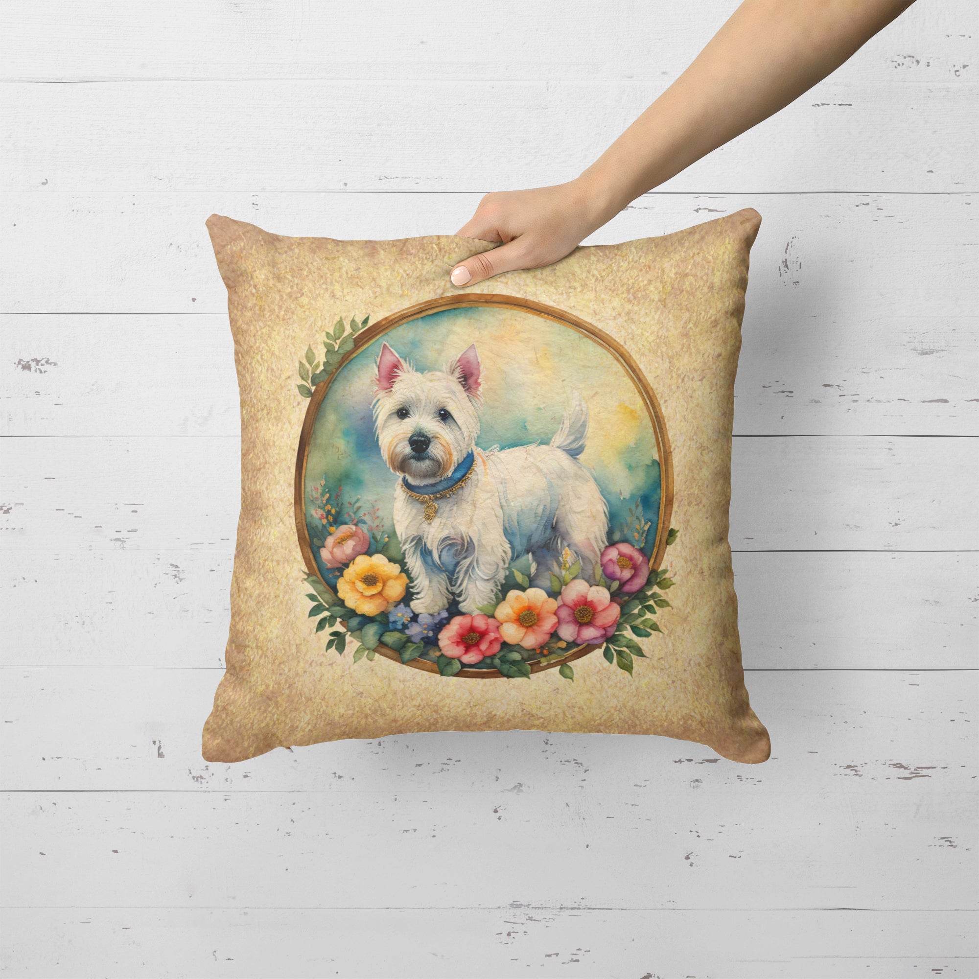 Westie and Flowers Fabric Decorative Pillow  the-store.com.