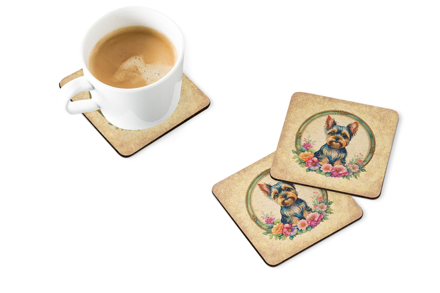 Yorkshire Terrier and Flowers Foam Coasters  the-store.com.