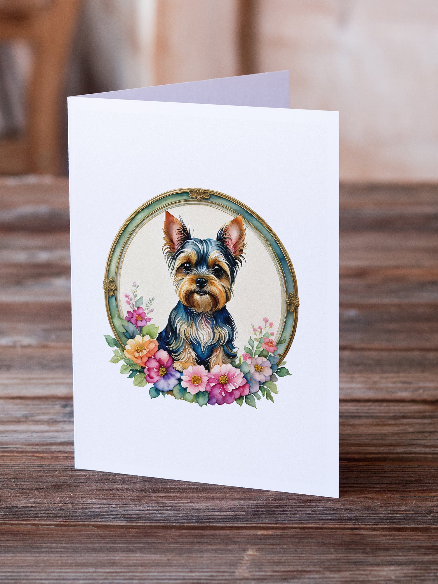 Yorkshire Terrier and Flowers Greeting Cards and Envelopes Pack of 8  the-store.com.