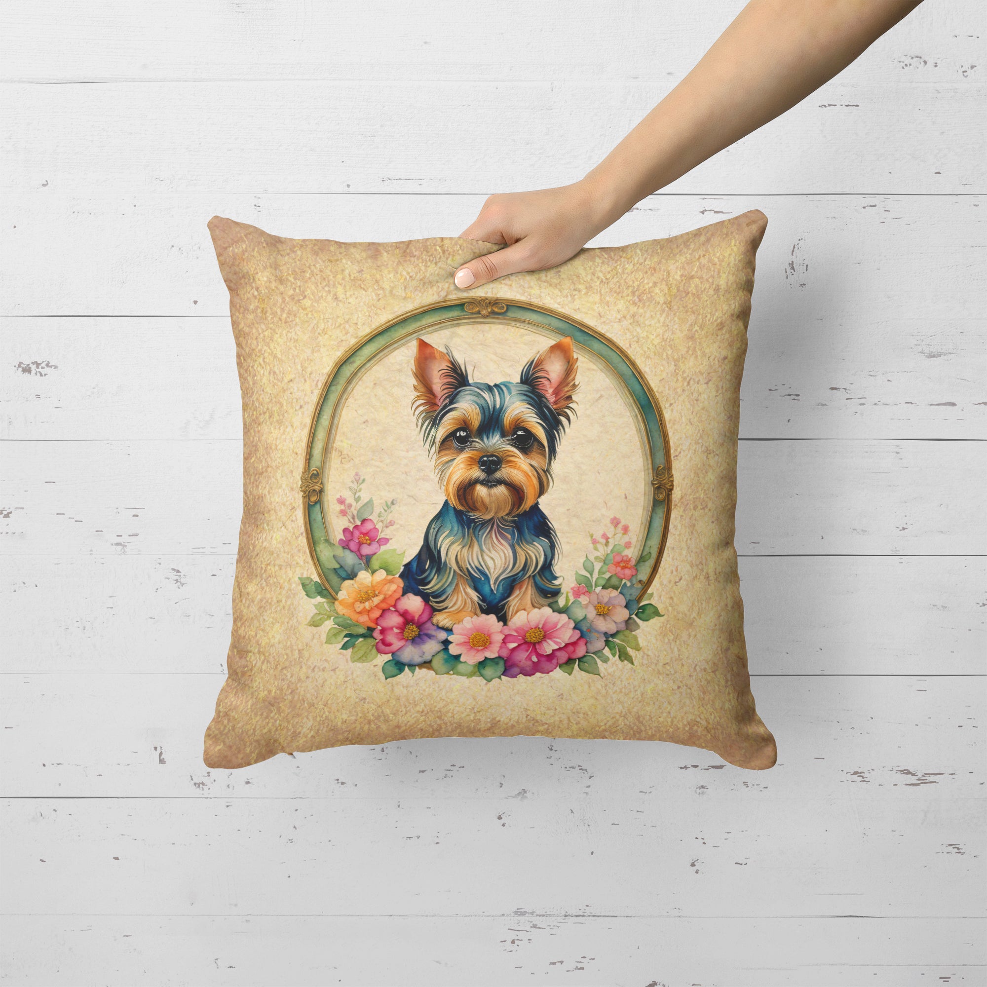 Buy this Yorkshire Terrier and Flowers Fabric Decorative Pillow