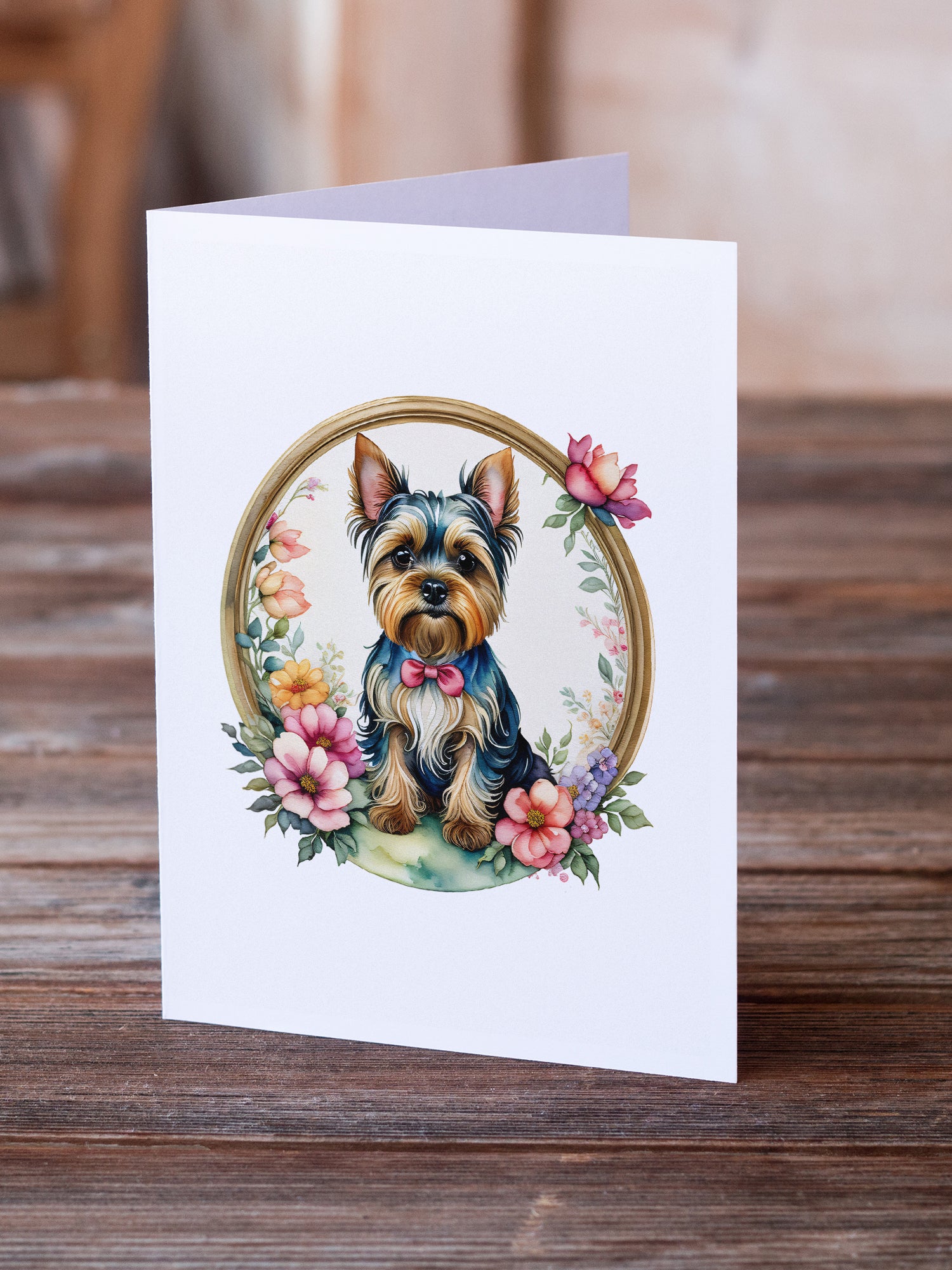 Yorkshire Terrier and Flowers Greeting Cards and Envelopes Pack of 8  the-store.com.