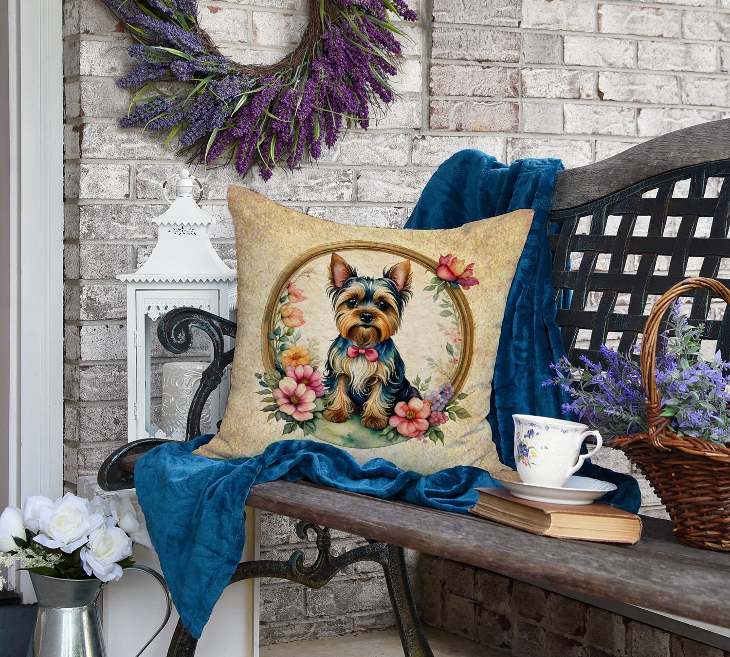 Yorkshire Terrier and Flowers Fabric Decorative Pillow  the-store.com.