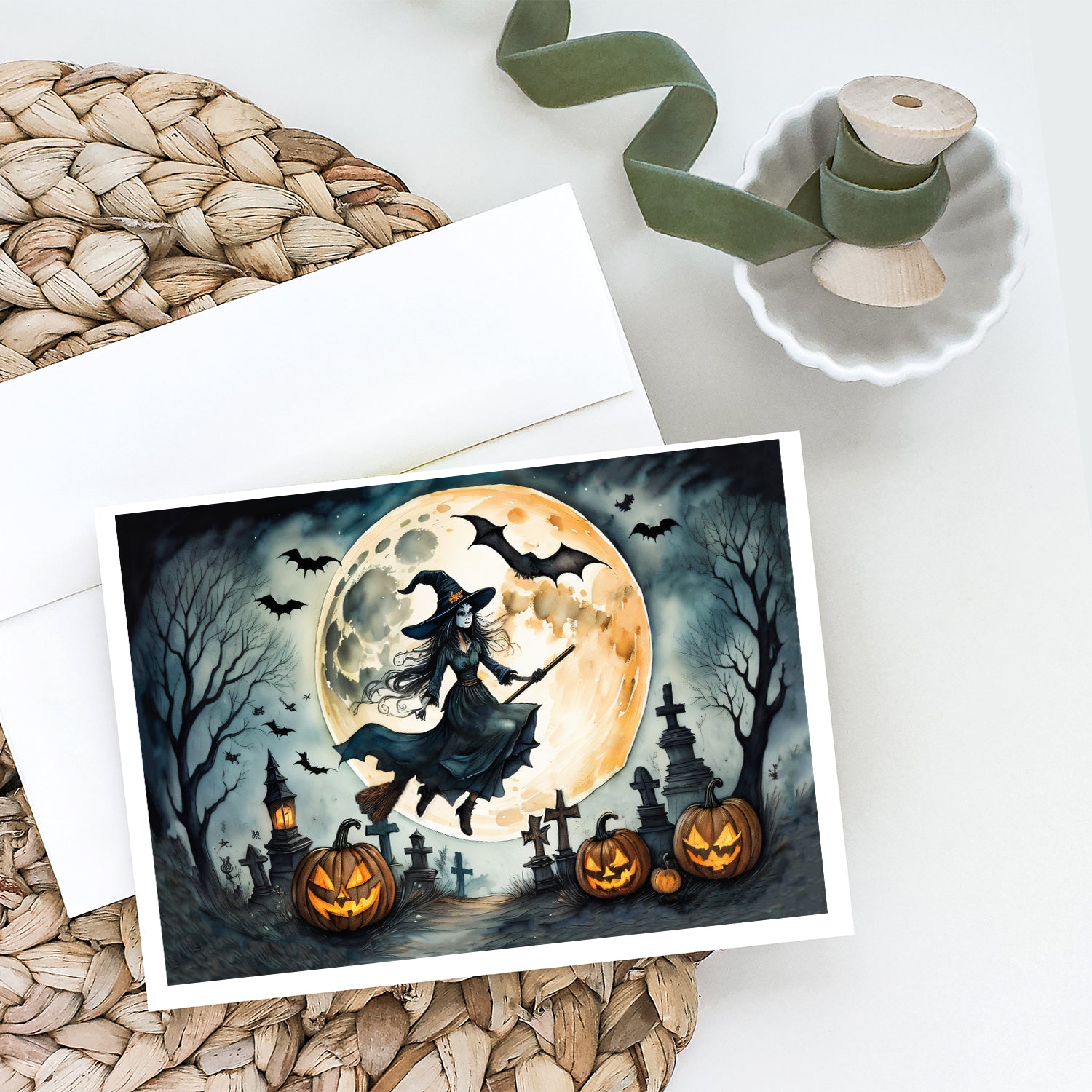 Flying Witch Spooky Halloween Greeting Cards and Envelopes Pack of 8  the-store.com.