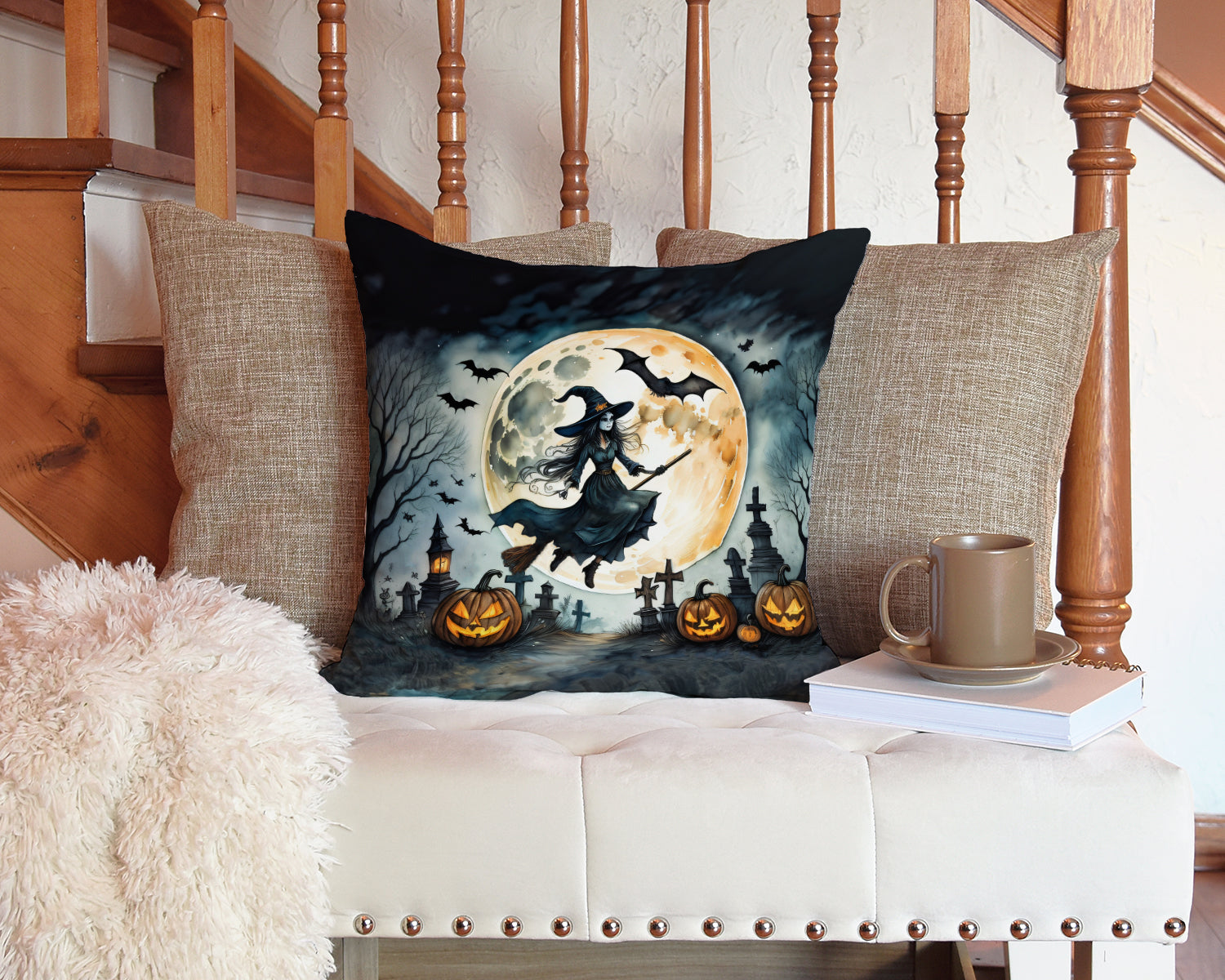 Flying Witch Spooky Halloween Fabric Decorative Pillow  the-store.com.