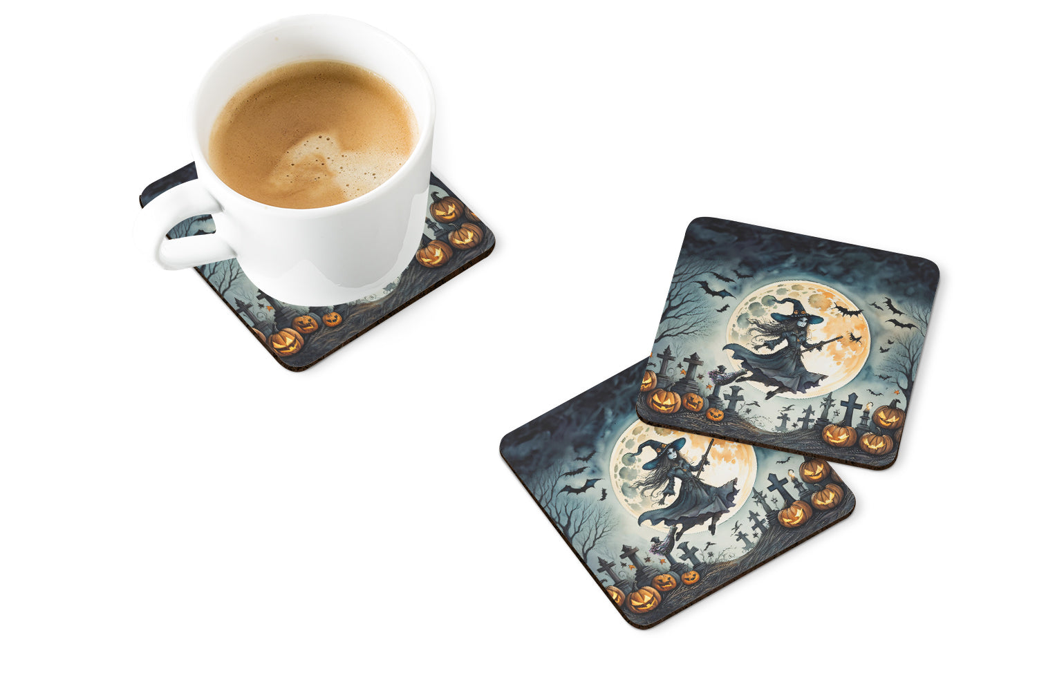 Flying Witch Spooky Halloween Foam Coaster Set of 4  the-store.com.