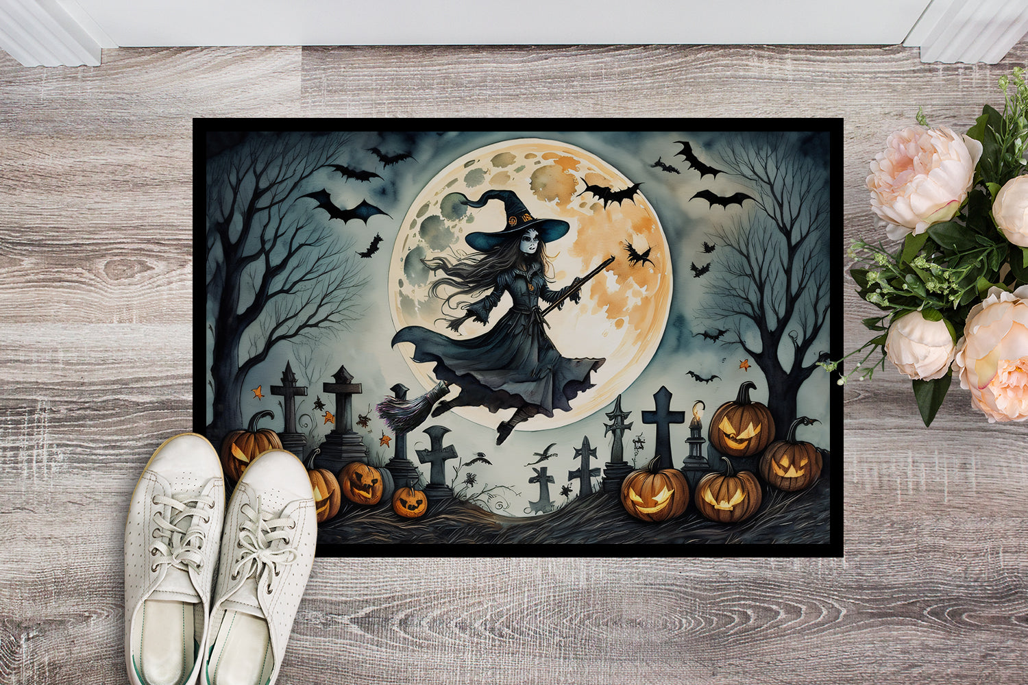 Flying Witch Spooky Halloween Doormat 18x27