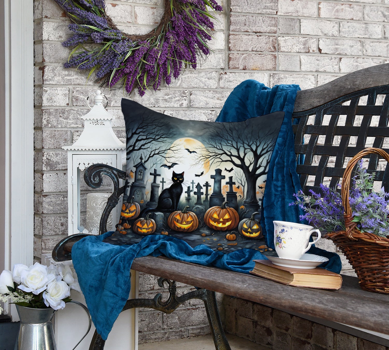 Black Cat Spooky Halloween Fabric Decorative Pillow  the-store.com.