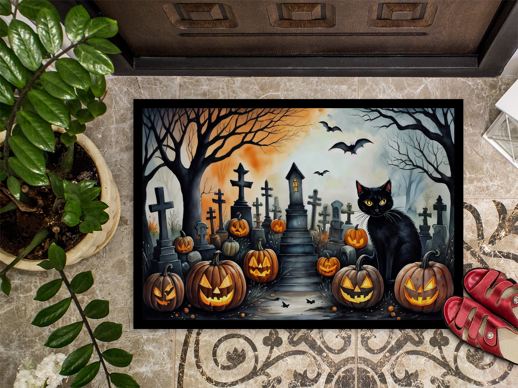 Black Cat Spooky Halloween Indoor or Outdoor Mat 24x36  the-store.com.