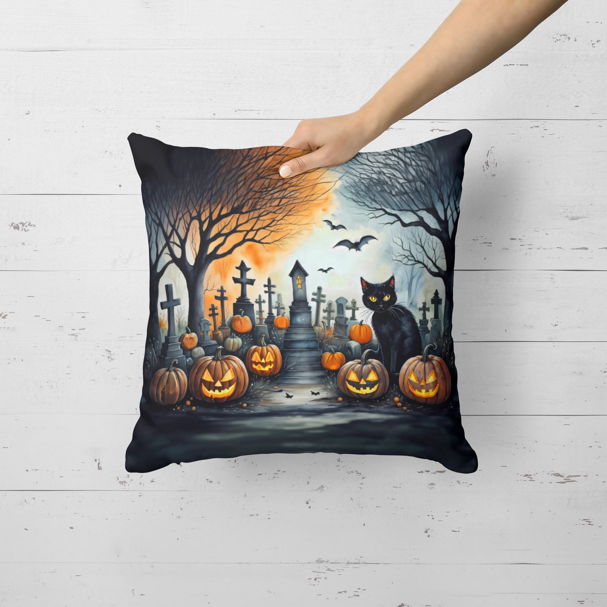 Black Cat Spooky Halloween Fabric Decorative Pillow  the-store.com.