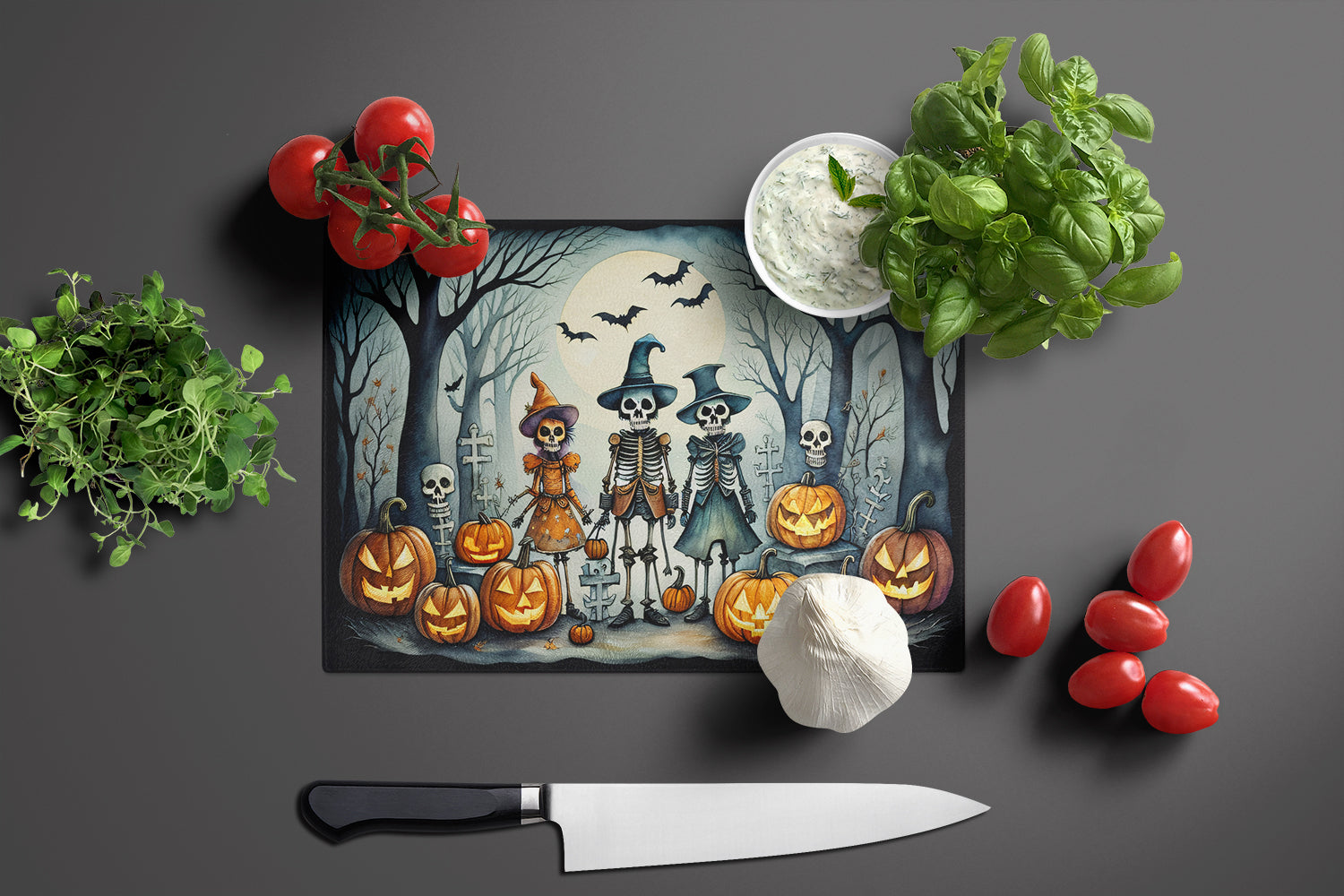 Calacas Skeletons Spooky Halloween Glass Cutting Board Large  the-store.com.