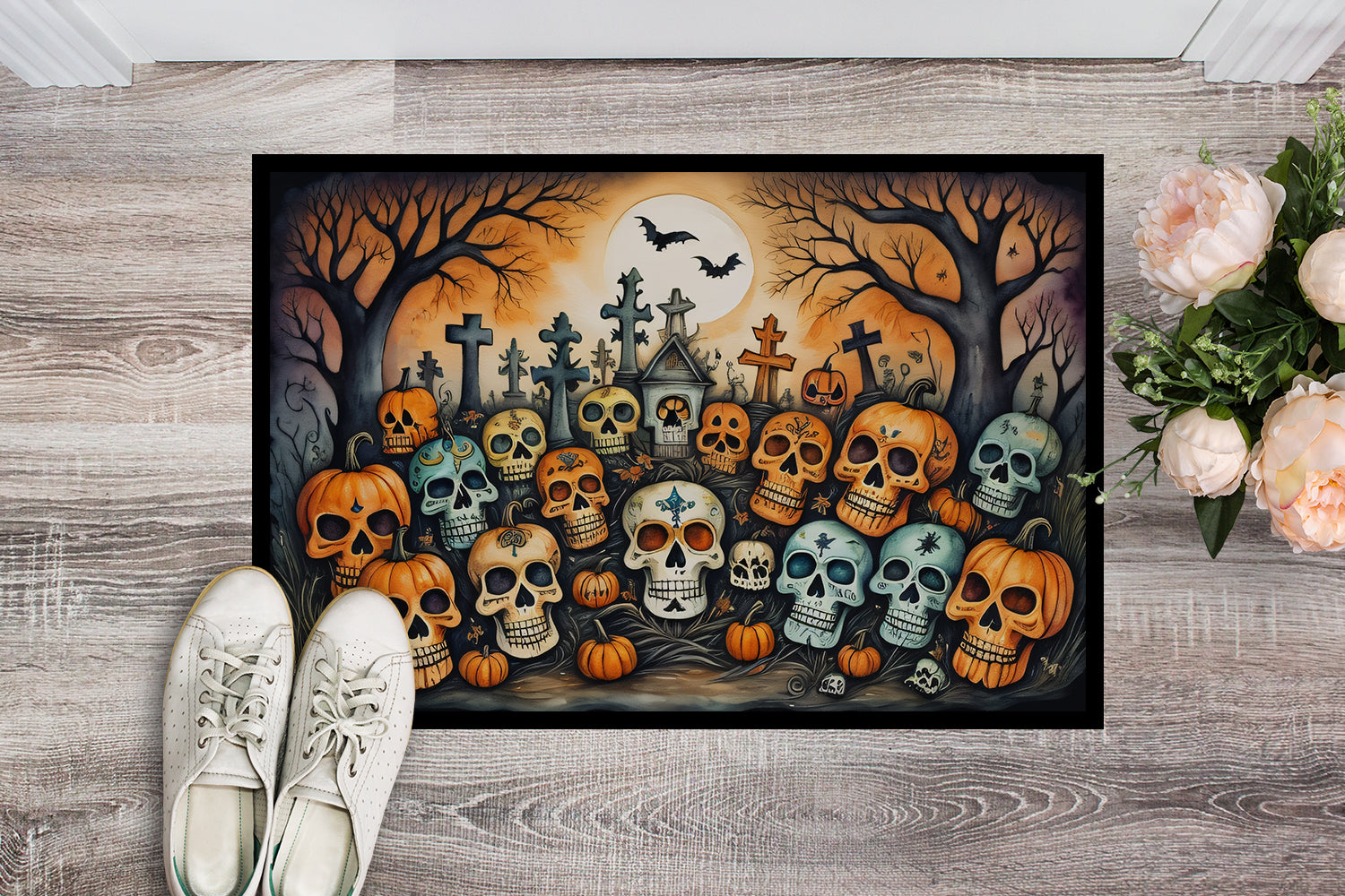 Calaveras Sugar Skulls Spooky Halloween Doormat 18x27