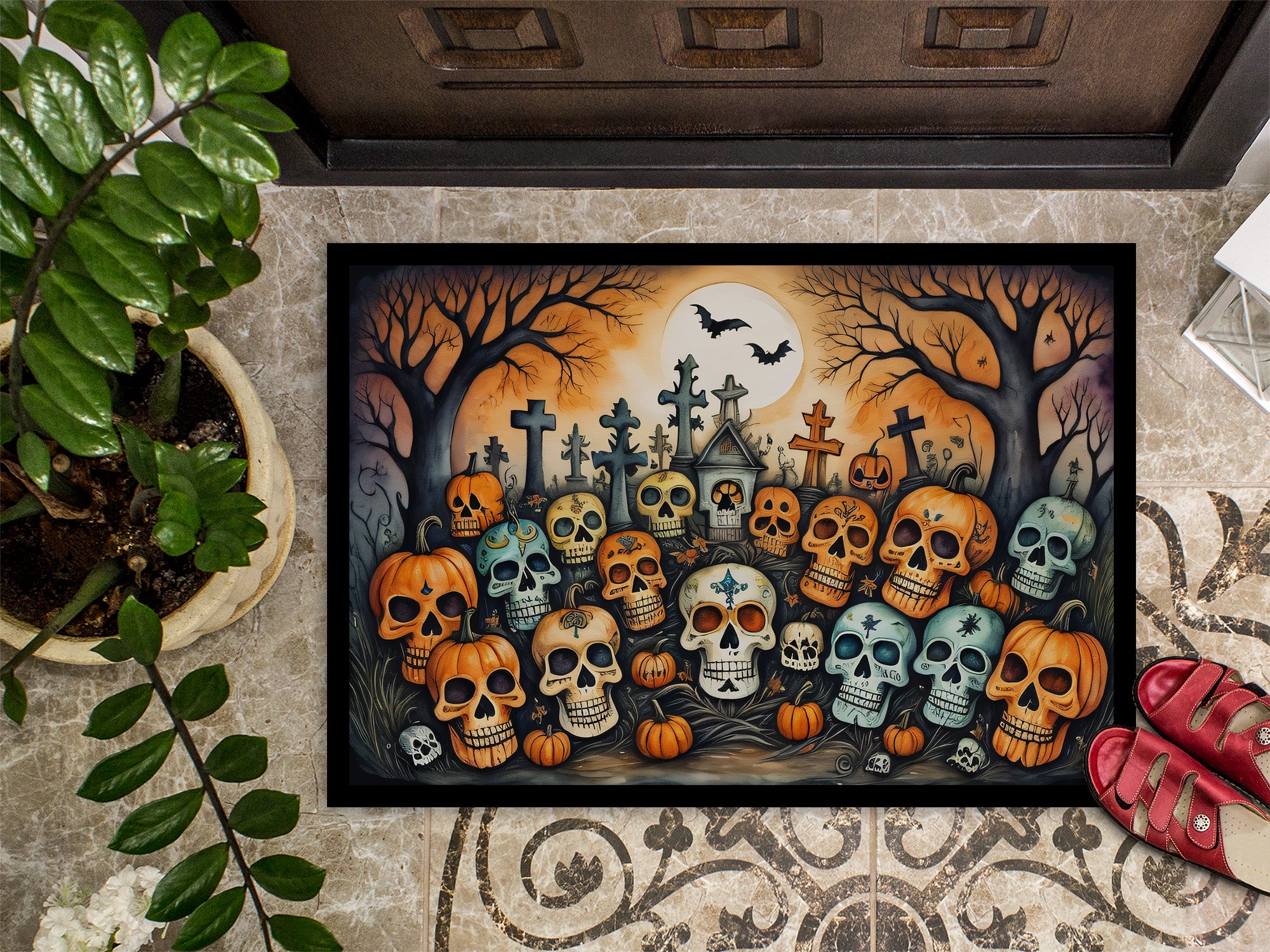 Calaveras Sugar Skulls Spooky Halloween Doormat 18x27  the-store.com.