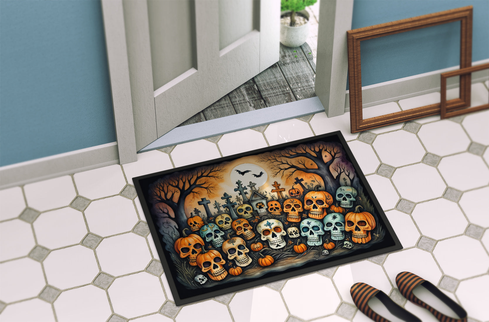 Calaveras Sugar Skulls Spooky Halloween Doormat 18x27