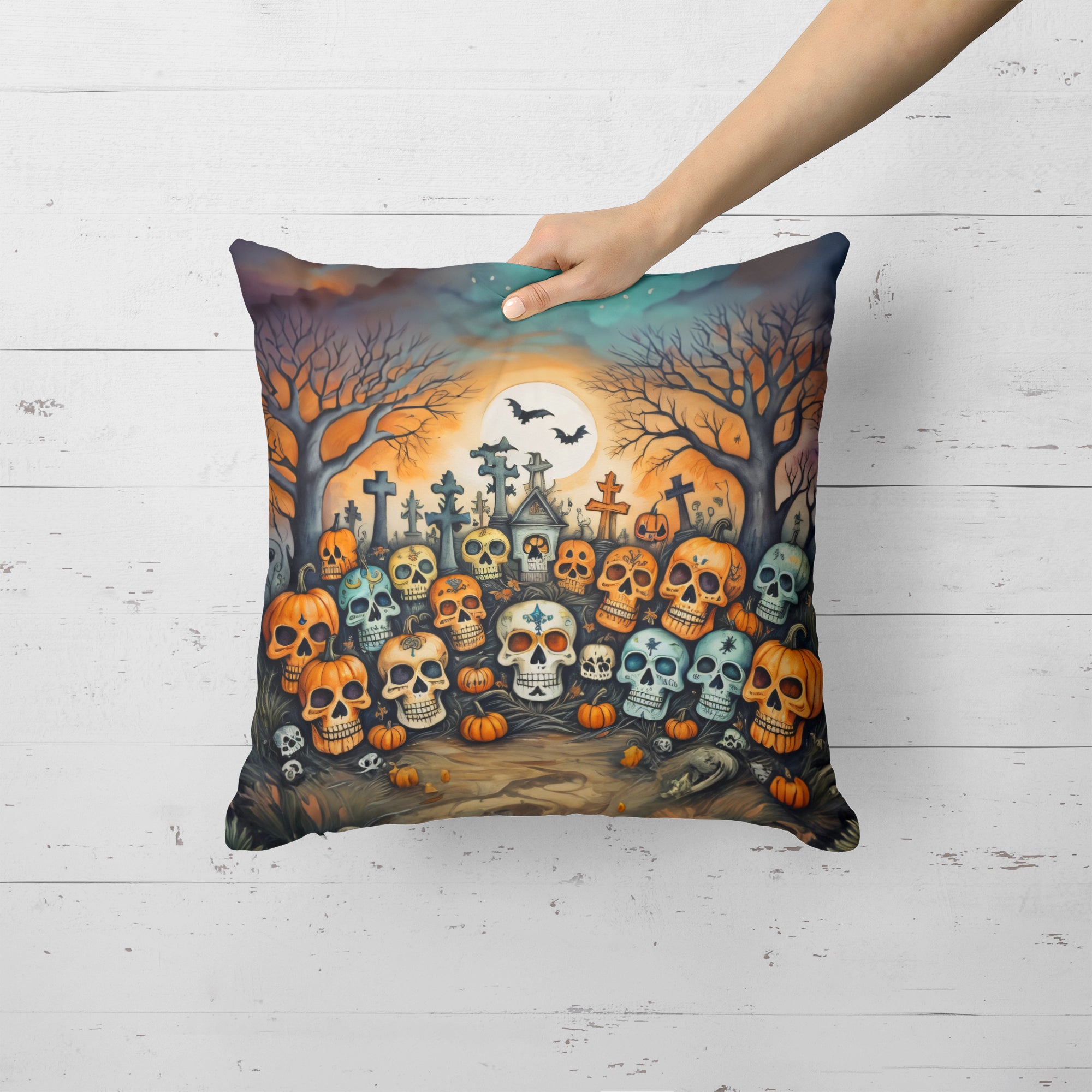 Buy this Calaveras Sugar Skulls Spooky Halloween Fabric Decorative Pillow