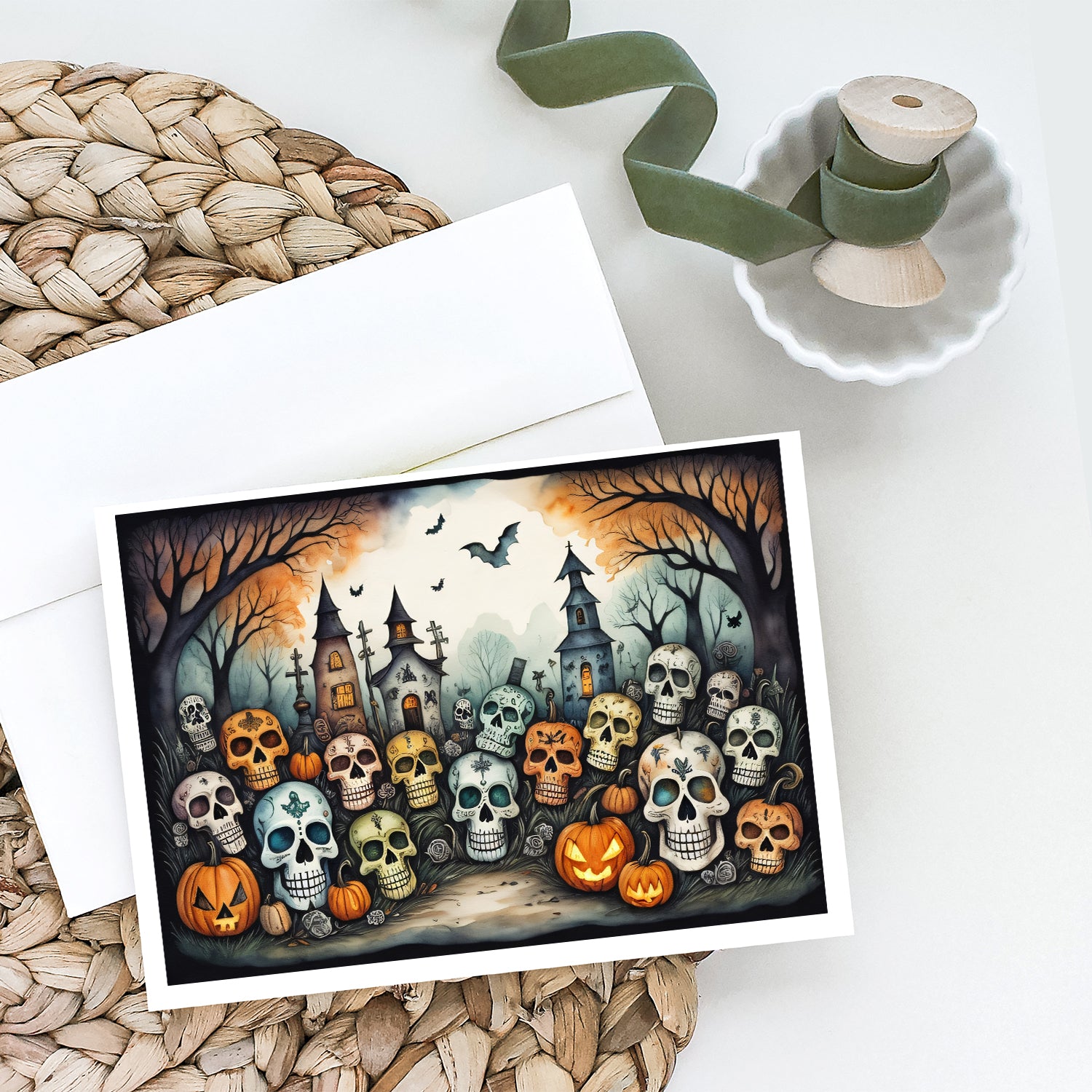 Calaveras Sugar Skulls Spooky Halloween Greeting Cards and Envelopes Pack of 8  the-store.com.