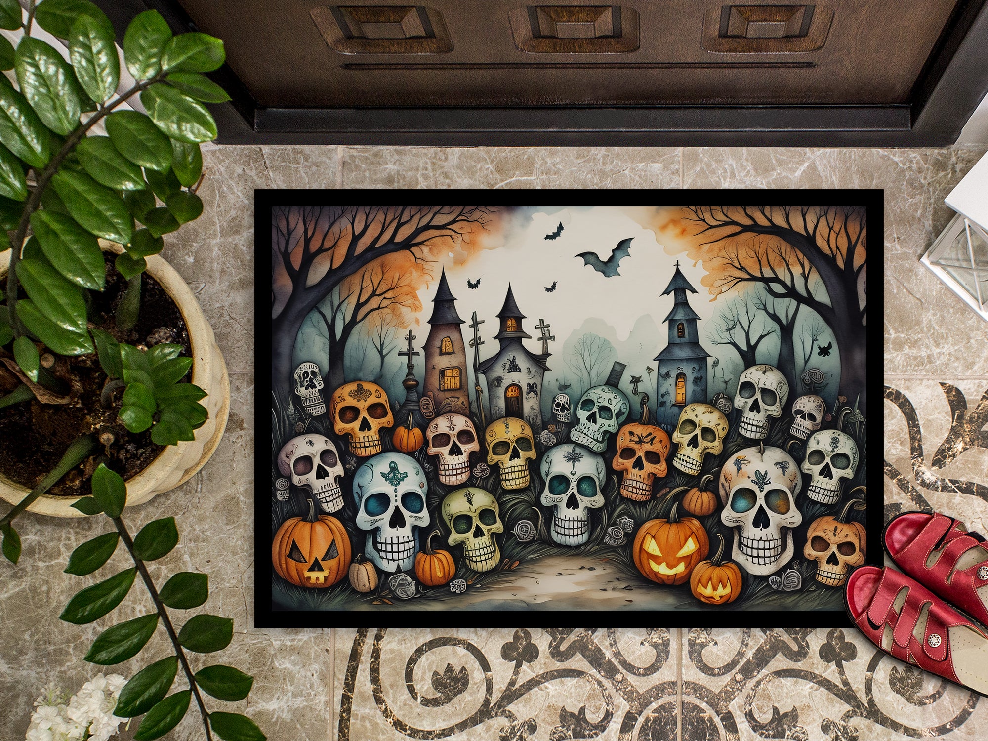 Calaveras Sugar Skulls Spooky Halloween Indoor or Outdoor Mat 24x36  the-store.com.