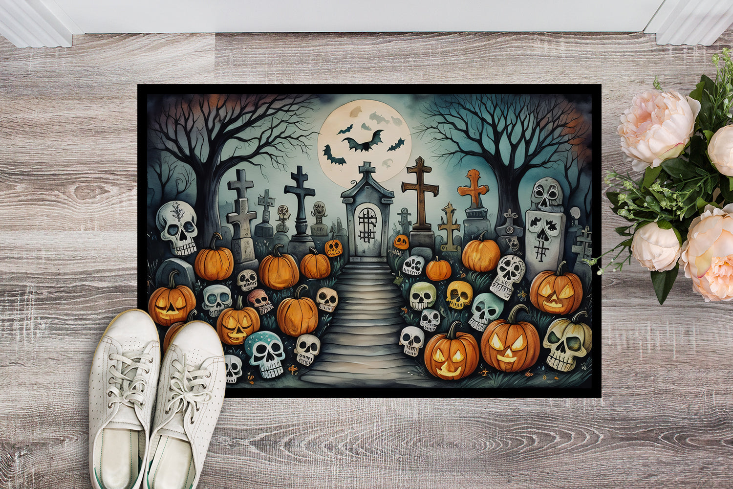 Calaveras Sugar Skulls Spooky Halloween Doormat 18x27