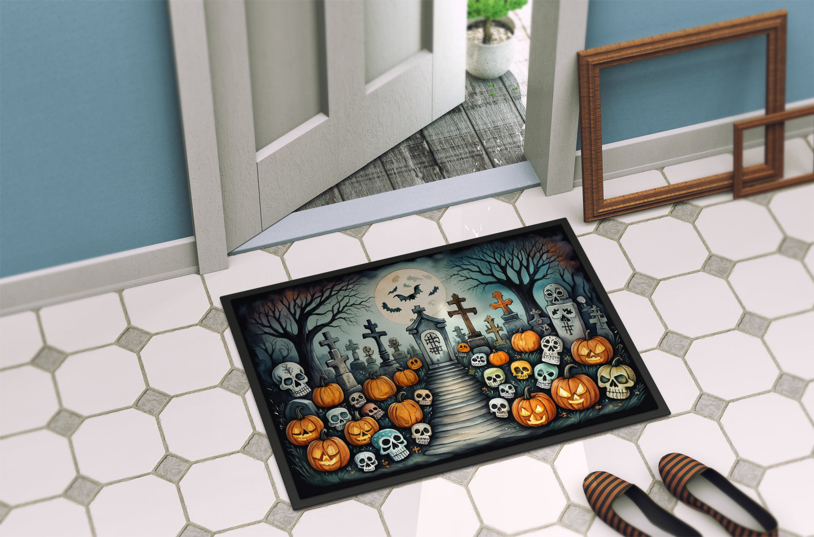 Calaveras Sugar Skulls Spooky Halloween Doormat 18x27