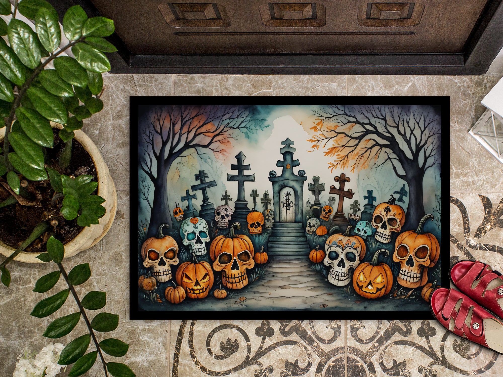 Calaveras Sugar Skulls Spooky Halloween Indoor or Outdoor Mat 24x36  the-store.com.