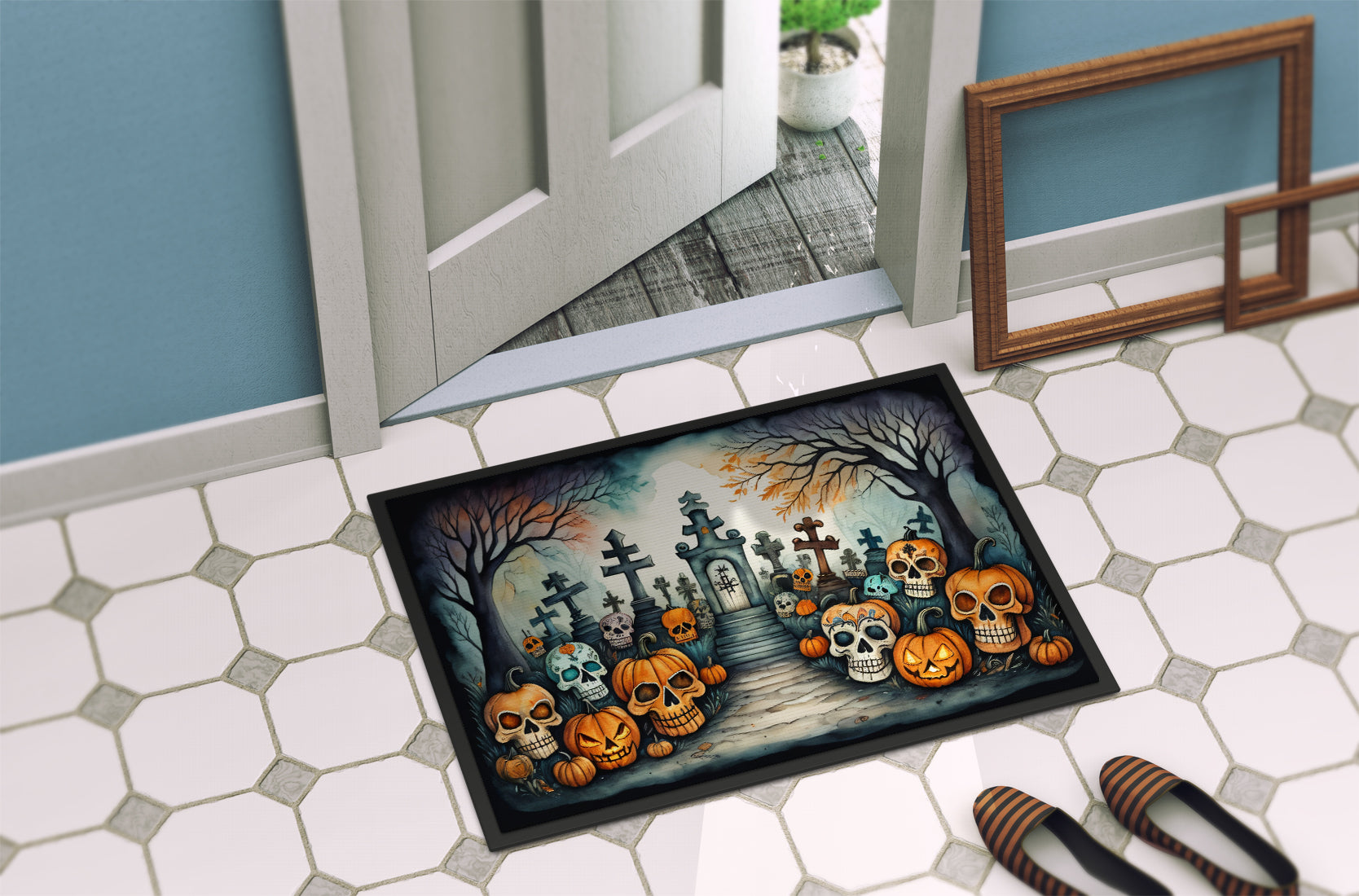 Calaveras Sugar Skulls Spooky Halloween Doormat 18x27