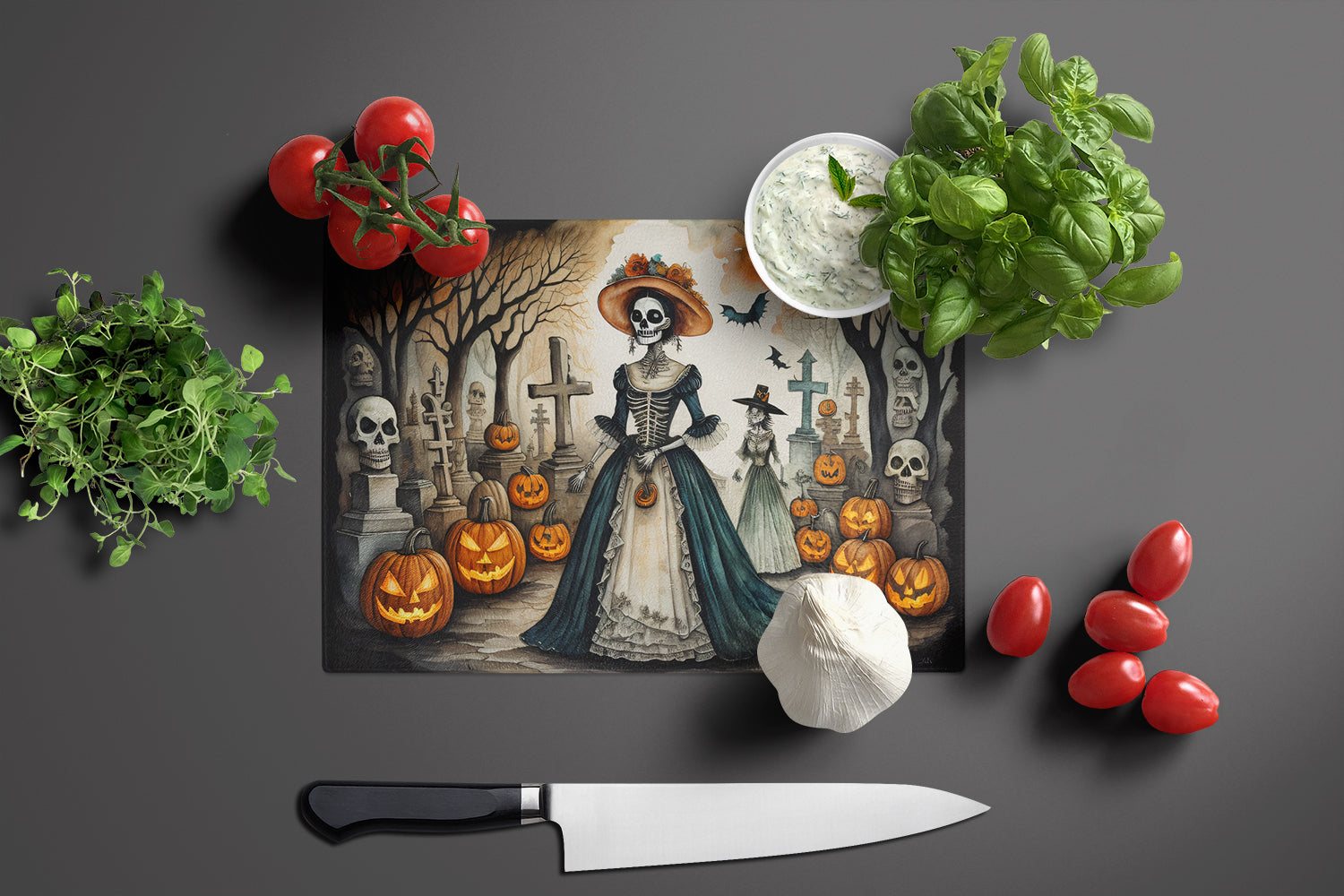 La Catrina Skeleton Spooky Halloween Glass Cutting Board Large