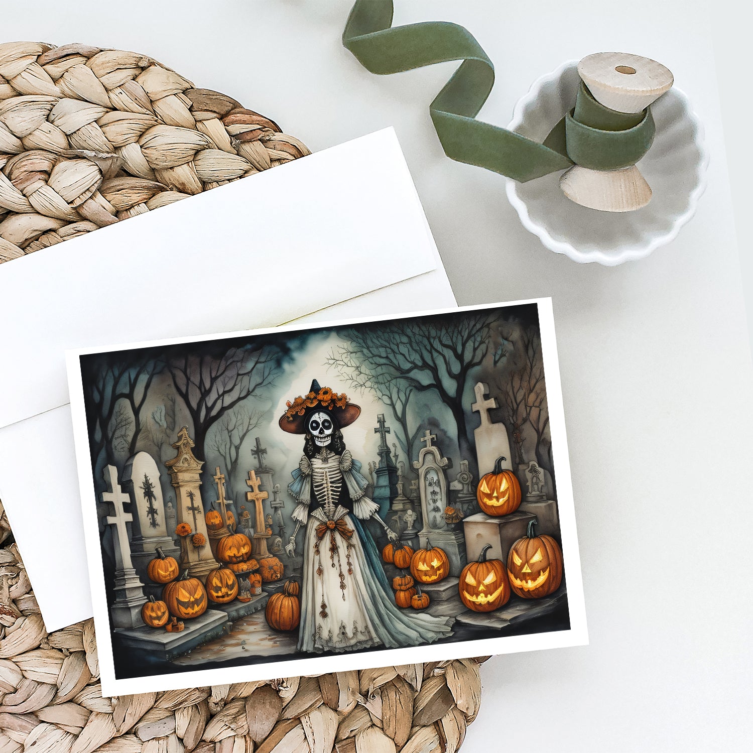 La Catrina Skeleton Spooky Halloween Greeting Cards and Envelopes Pack of 8  the-store.com.