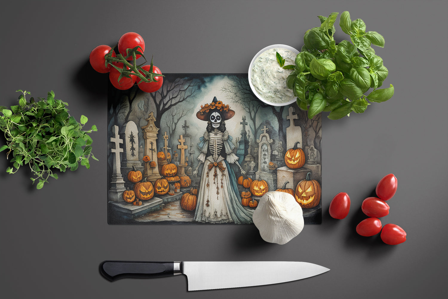 La Catrina Skeleton Spooky Halloween Glass Cutting Board Large  the-store.com.