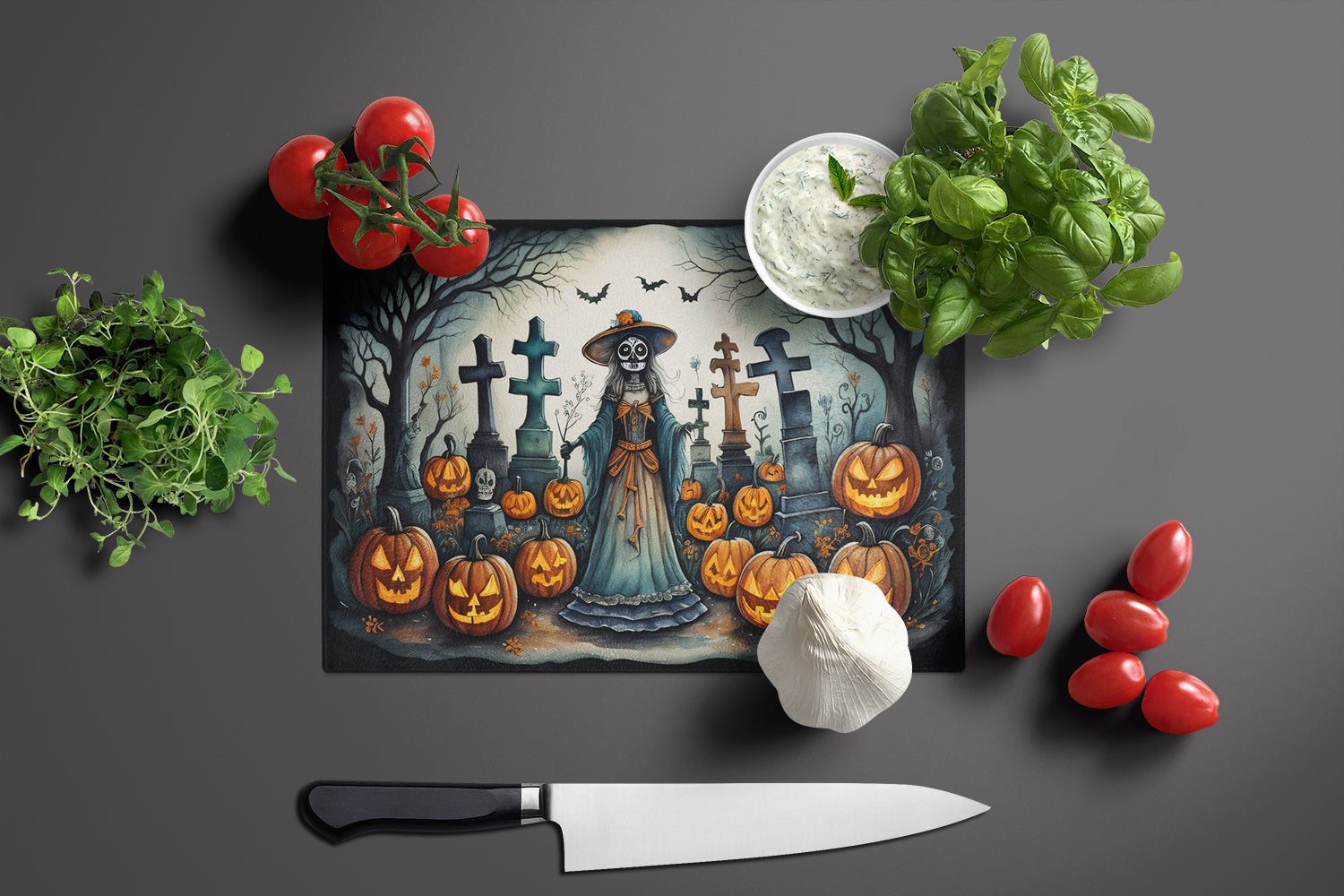 La Catrina Skeleton Spooky Halloween Glass Cutting Board Large  the-store.com.