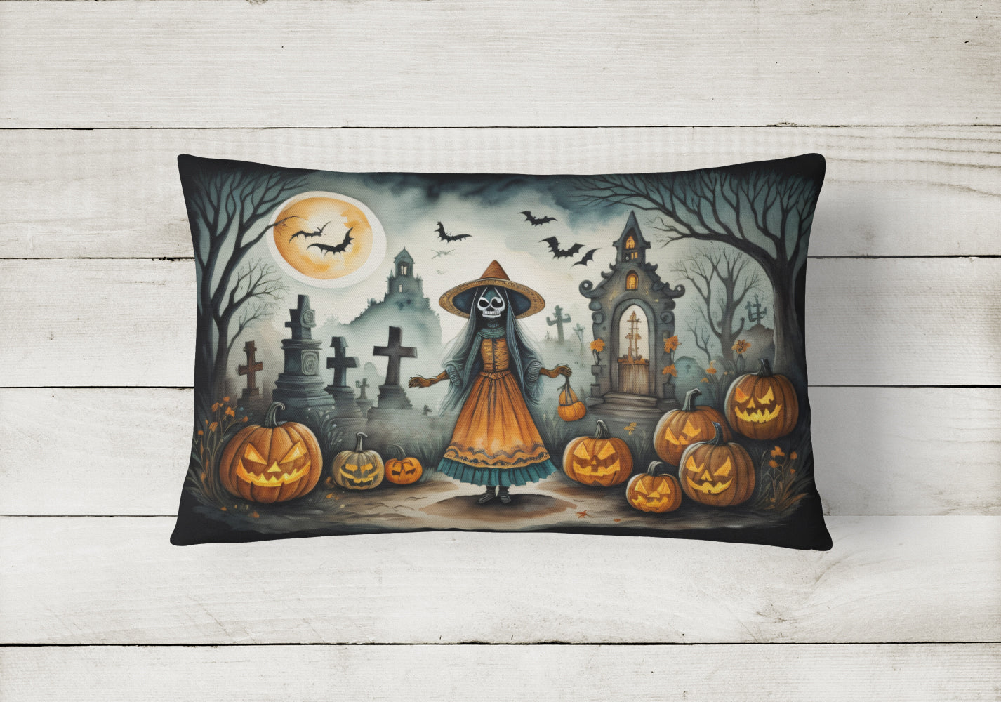 La Llorona Skeleton Spooky Halloween Fabric Decorative Pillow  the-store.com.