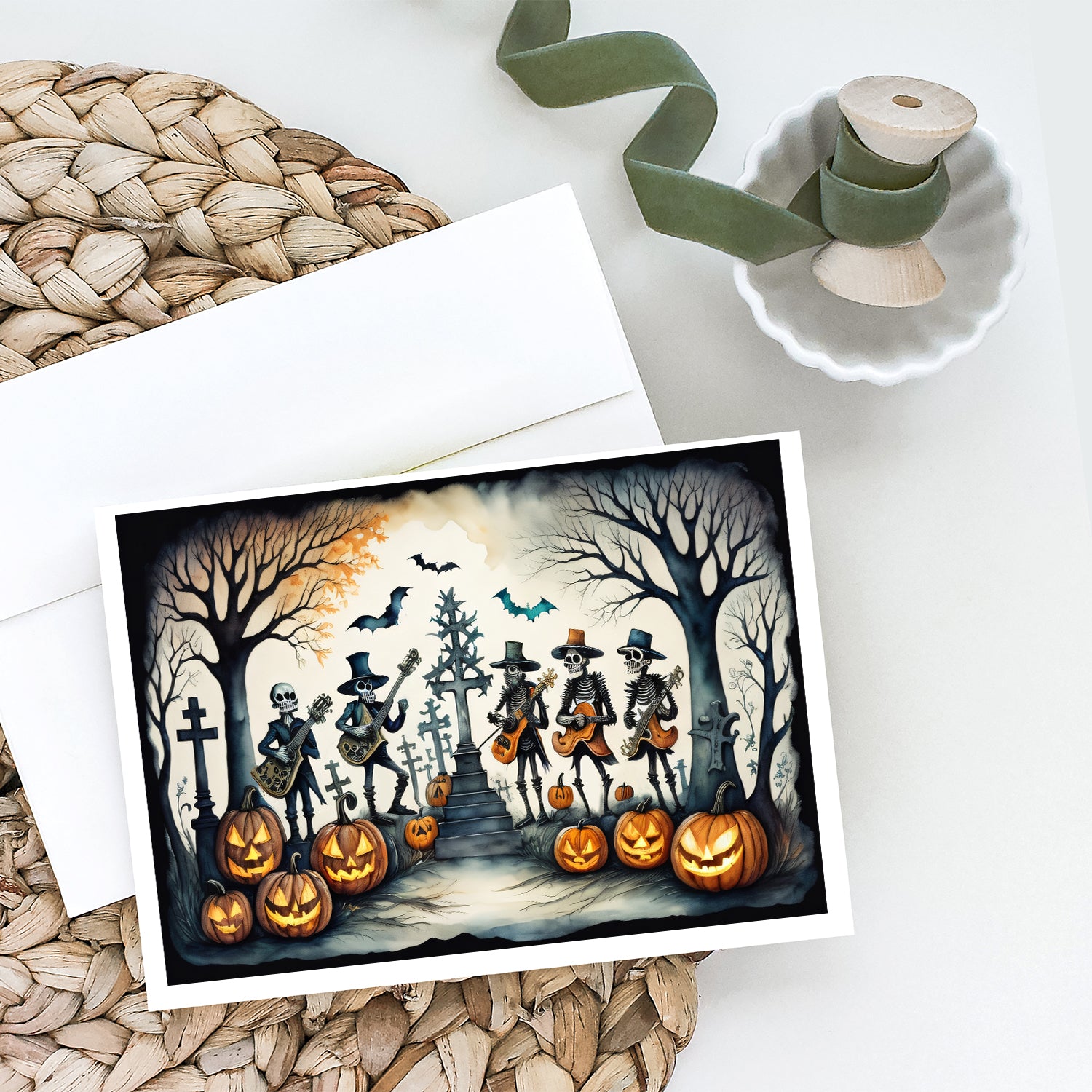 Mariachi Skeleton Band Spooky Halloween Greeting Cards and Envelopes Pack of 8  the-store.com.