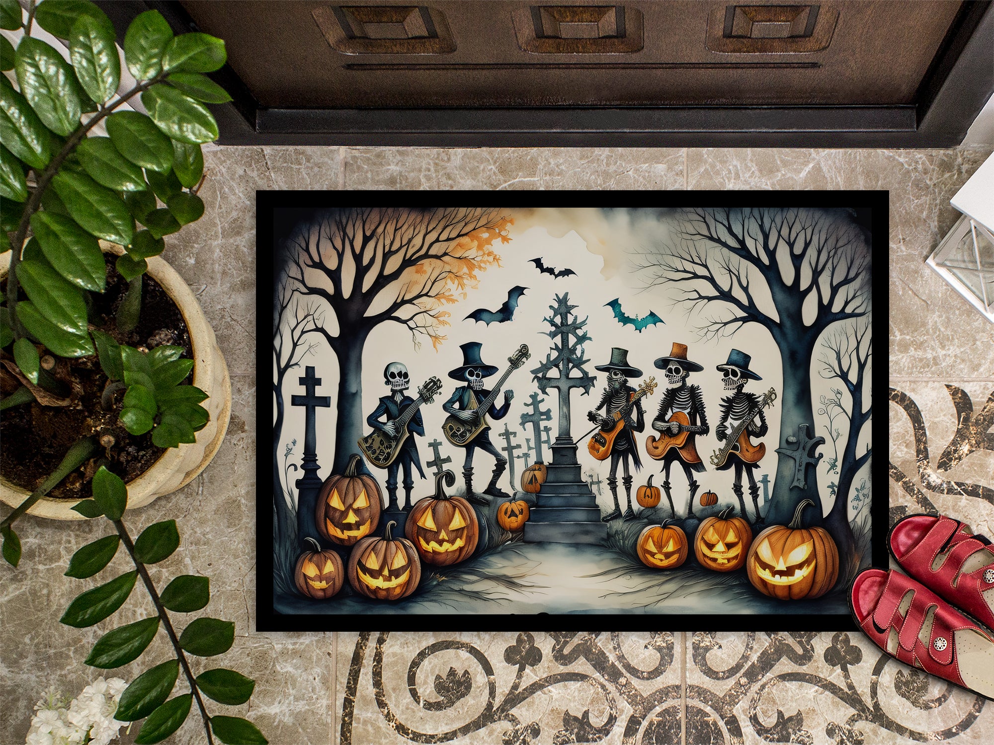 Mariachi Skeleton Band Spooky Halloween Doormat 18x27  the-store.com.