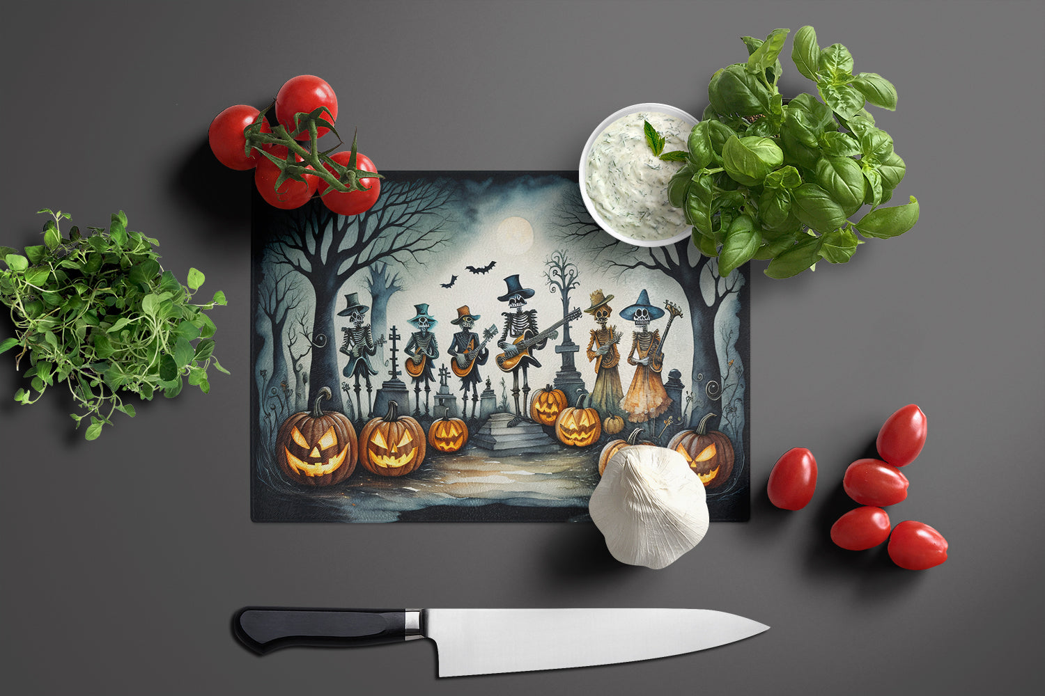 Mariachi Skeleton Band Spooky Halloween Glass Cutting Board Large  the-store.com.