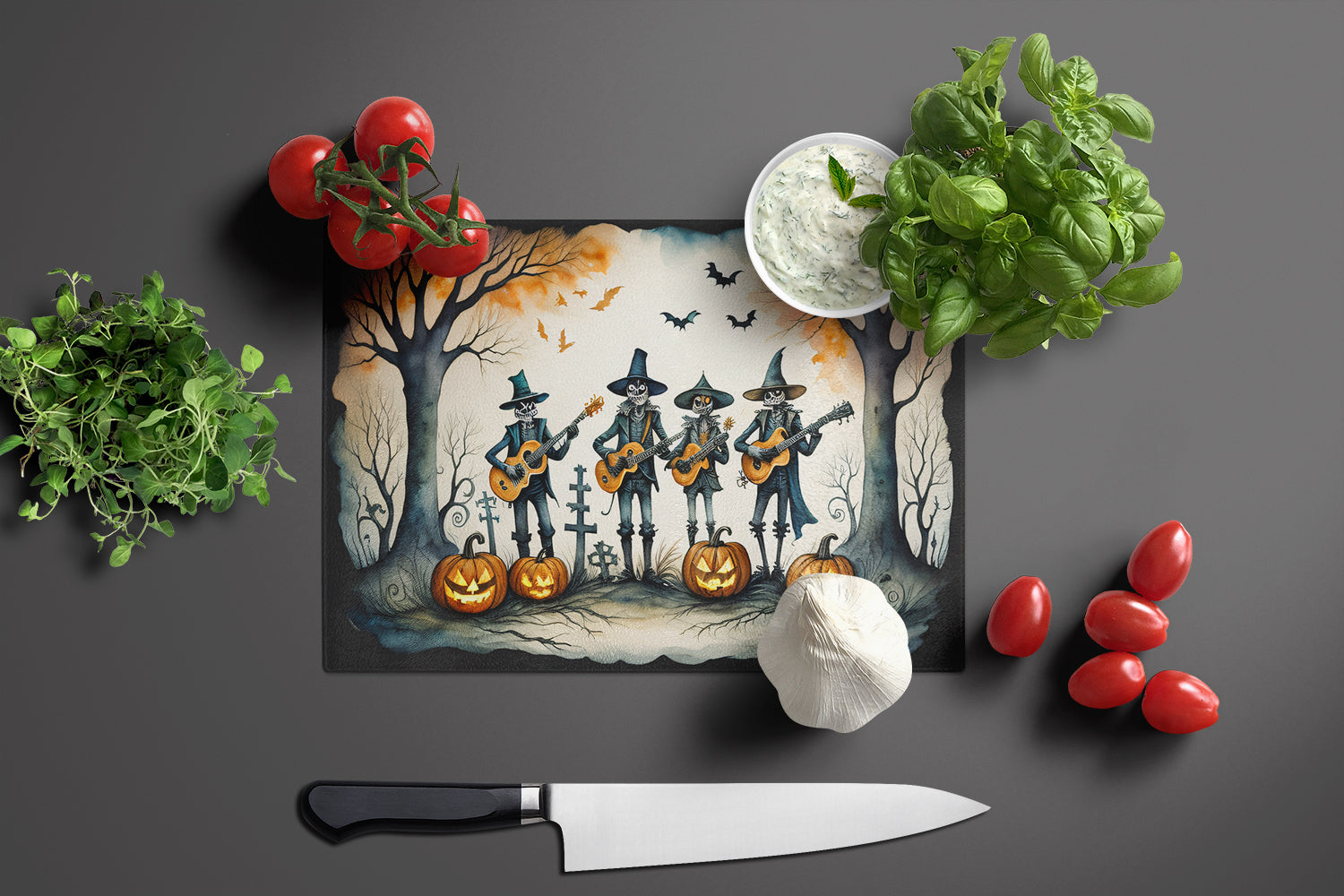 Mariachi Skeleton Band Spooky Halloween Glass Cutting Board Large  the-store.com.