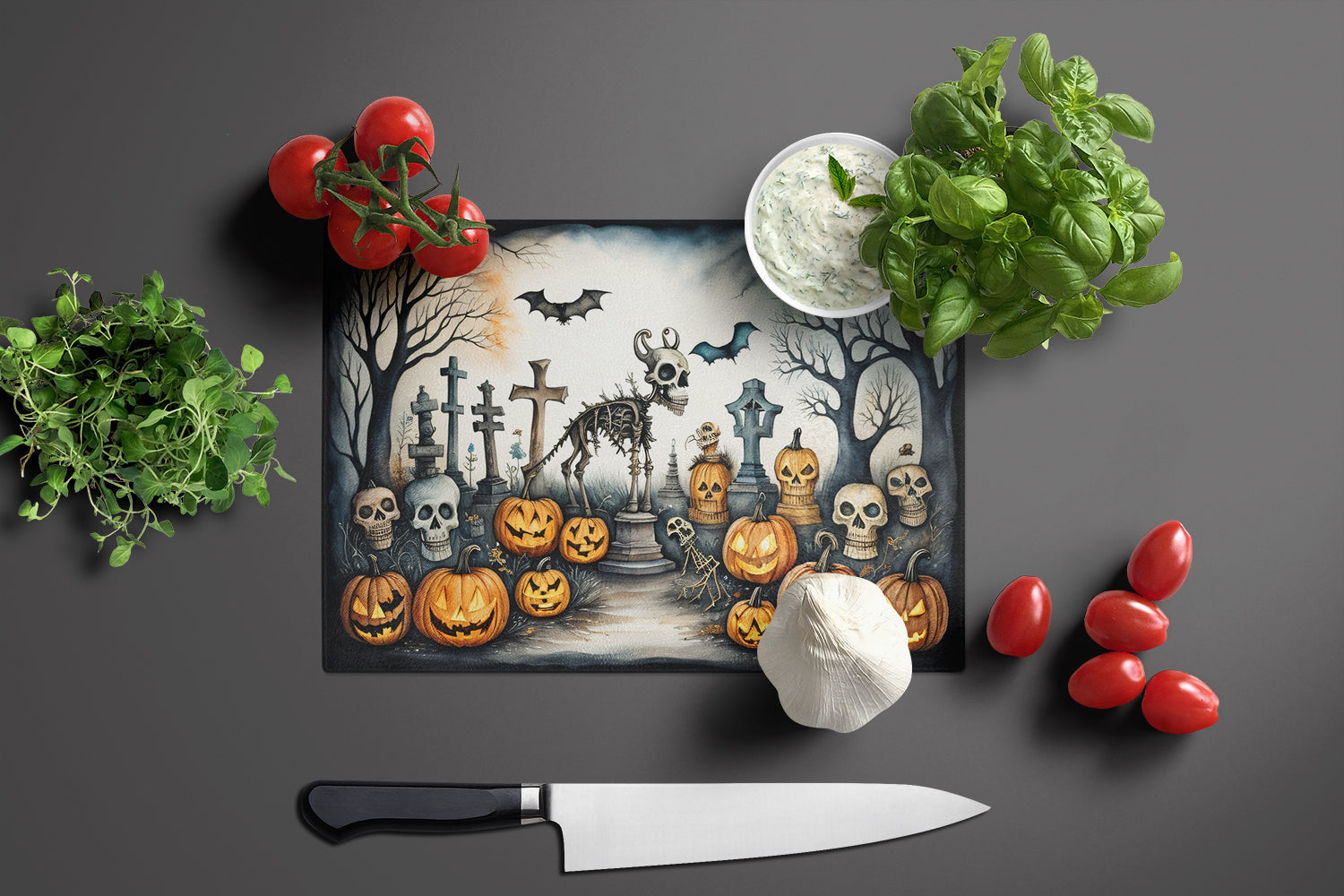 Pet Cemetery Spooky Halloween Glass Cutting Board Large  the-store.com.