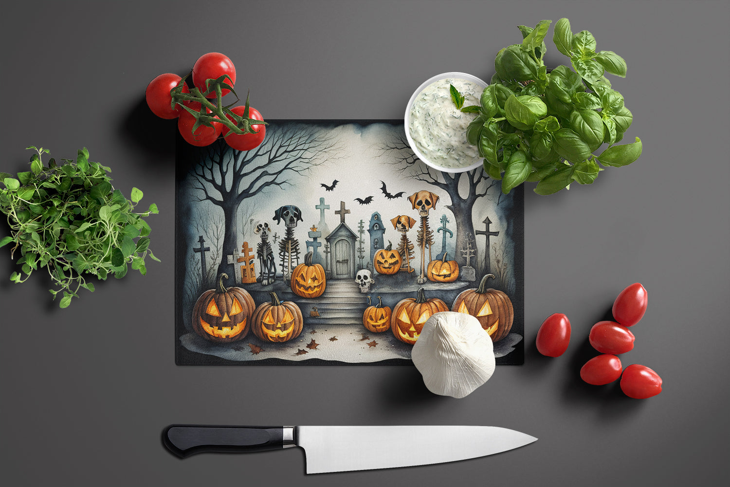 Pet Cemetery Spooky Halloween Glass Cutting Board Large  the-store.com.