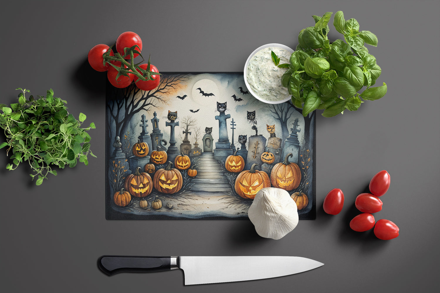 Cat Cemetery Spooky Halloween Glass Cutting Board Large  the-store.com.