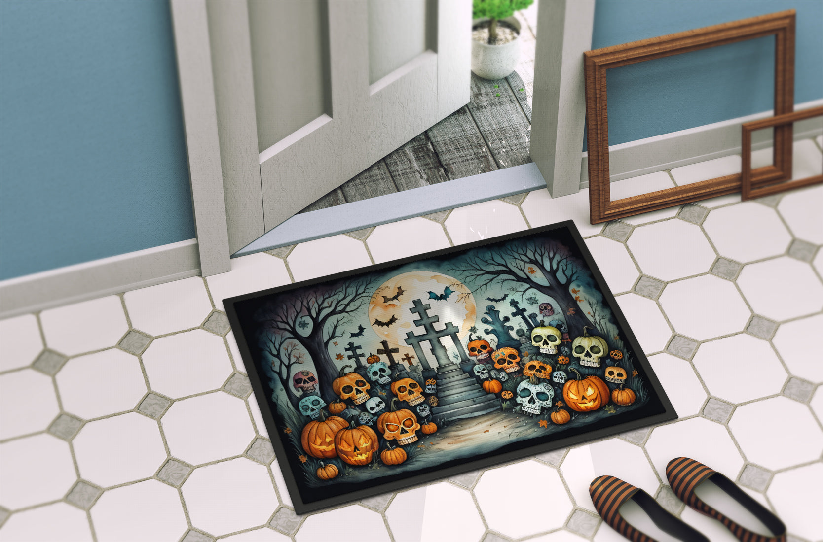Calaveras Sugar Skulls Spooky Halloween Doormat 18x27  the-store.com.