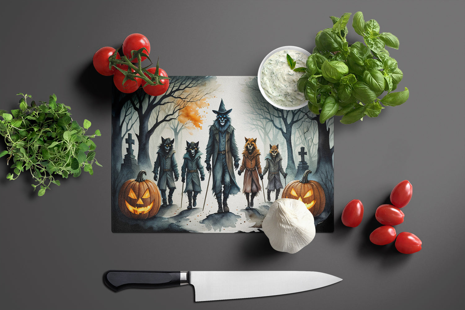 Werewolves Spooky Halloween Glass Cutting Board Large  the-store.com.