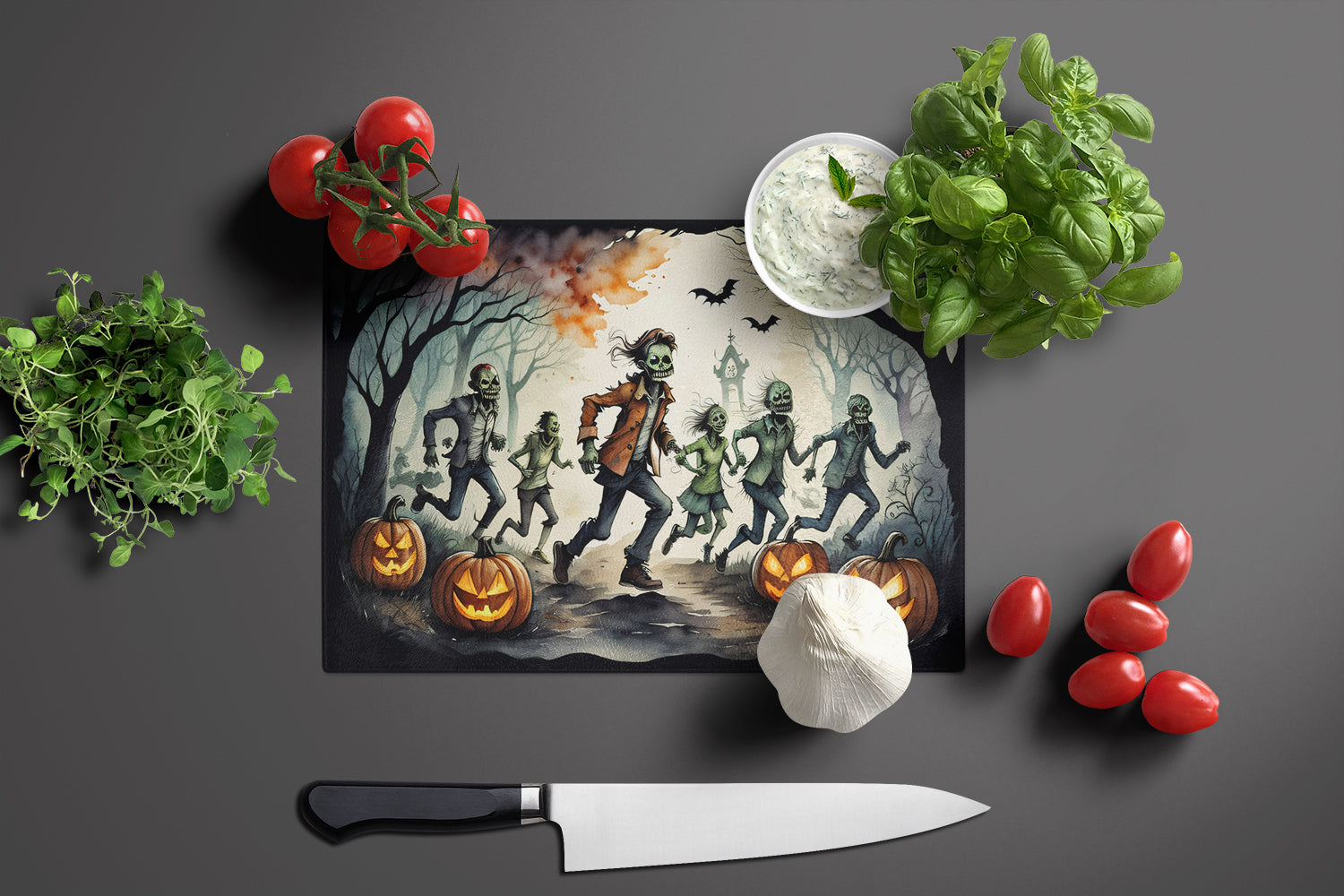 Zombies Spooky Halloween Glass Cutting Board Large  the-store.com.