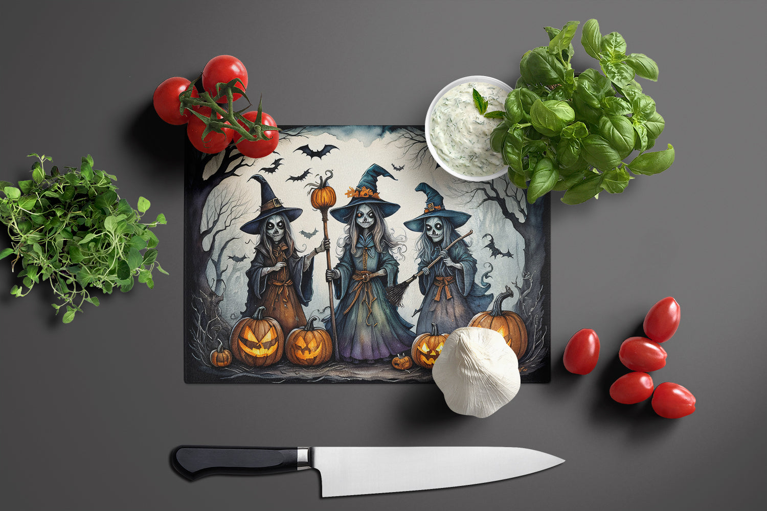 Witches Spooky Halloween Glass Cutting Board Large  the-store.com.