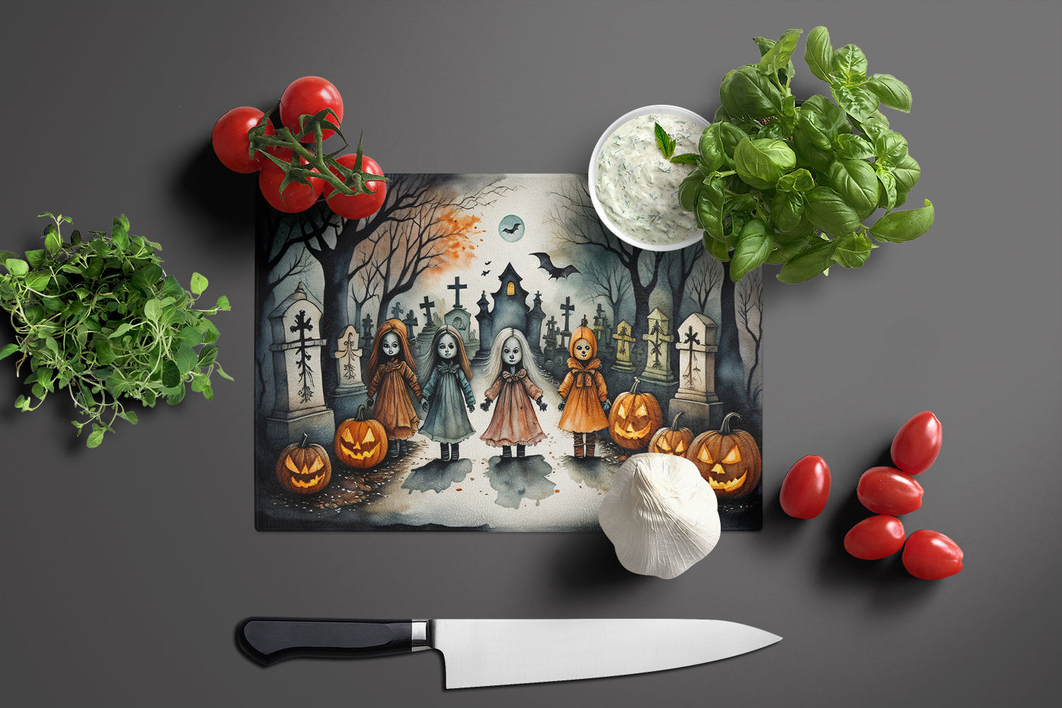 Creepy Dolls Spooky Halloween Glass Cutting Board Large  the-store.com.