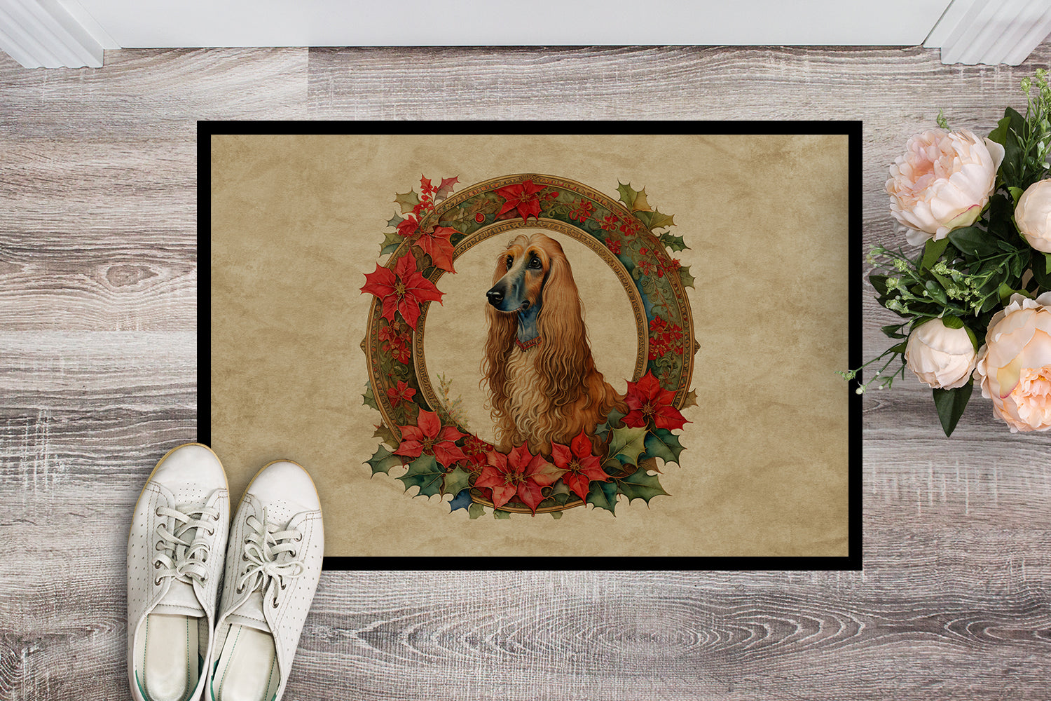 Buy this Afghan Hound Christmas Flowers Doormat