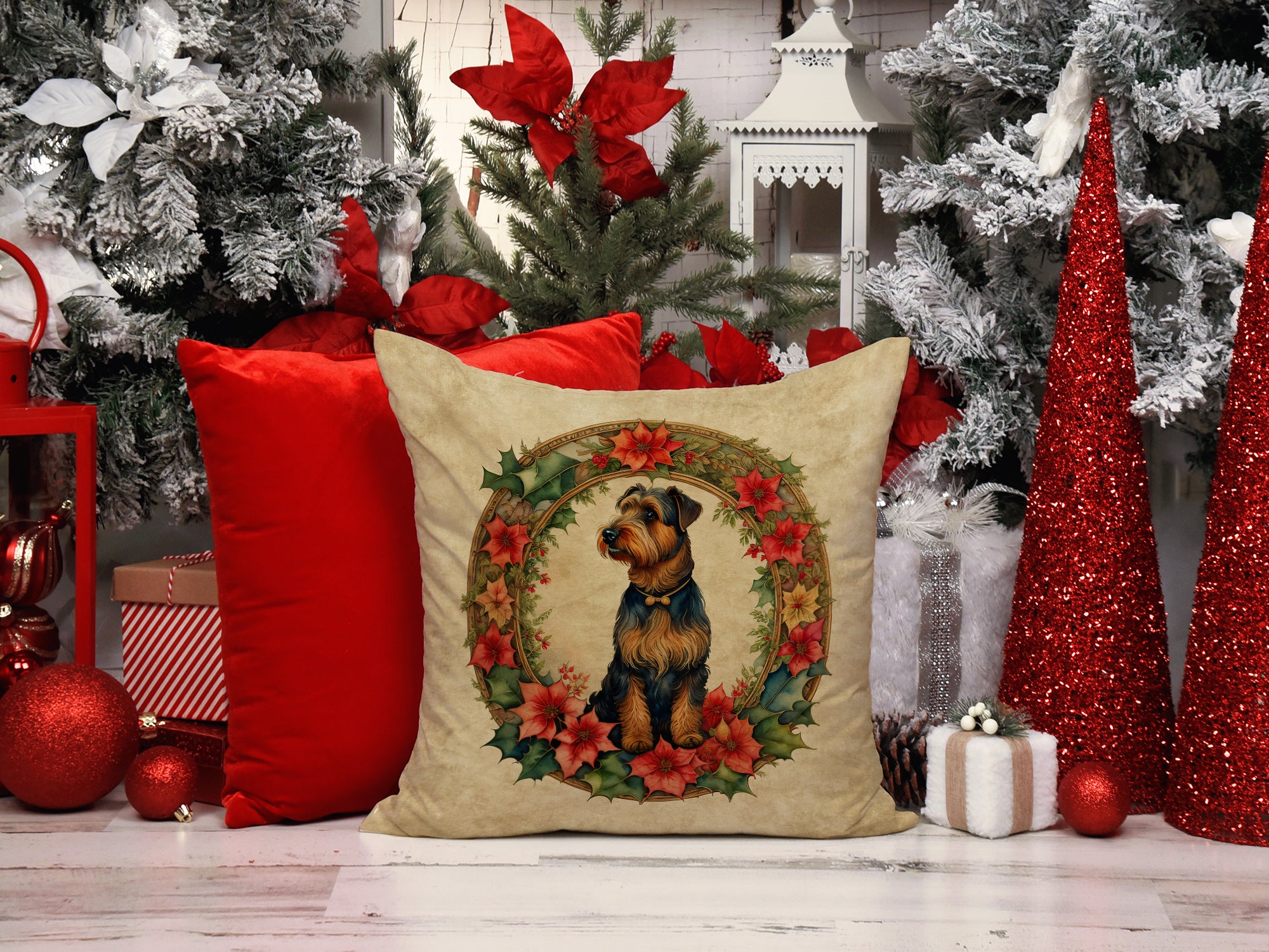 Buy this Airedale Terrier Christmas Flowers Throw Pillow