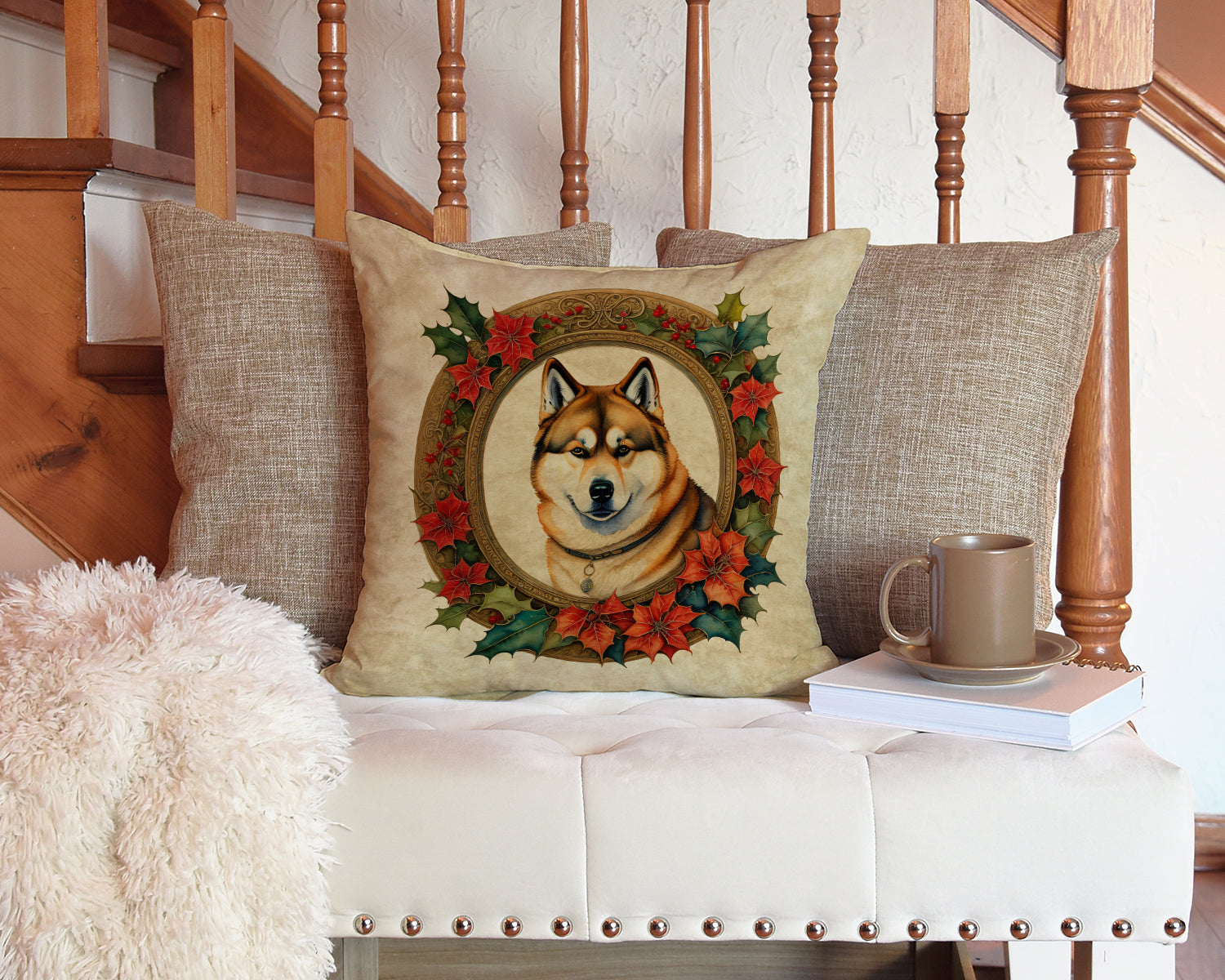 Akita Christmas Flowers Throw Pillow